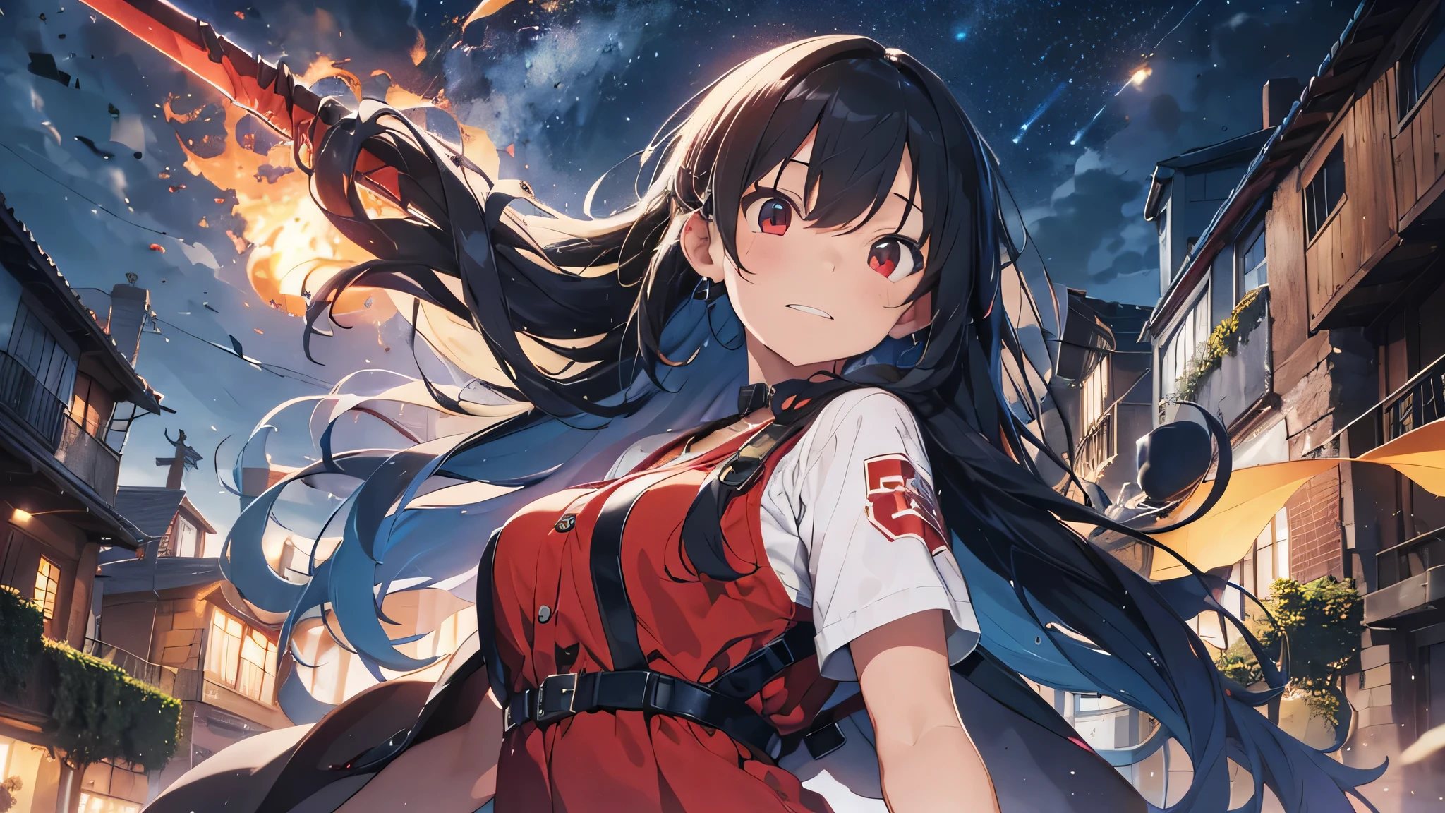 最high quality、best image quality、masterpiece、age girl((18-year-old、 By becoming、vest bust、medium bust,wide open breast tea、black eye, light blue hAria、Red mesh、long hAria、thin,highest valley、Red and blue dress、holding a red sword in his right hand、Glowing red wings,Aria、splatters、slash pose、scream、He holds a red sword in his left hand.、angry face、leaning forward)),high quality、beautiful art、background((outer space、battlefield、Burning Town、fire、inflammation、A large number of missiles rain down))瓦礫がsplatters、Depth of written boundary、movie、visual art、perfect art、8K,genuine