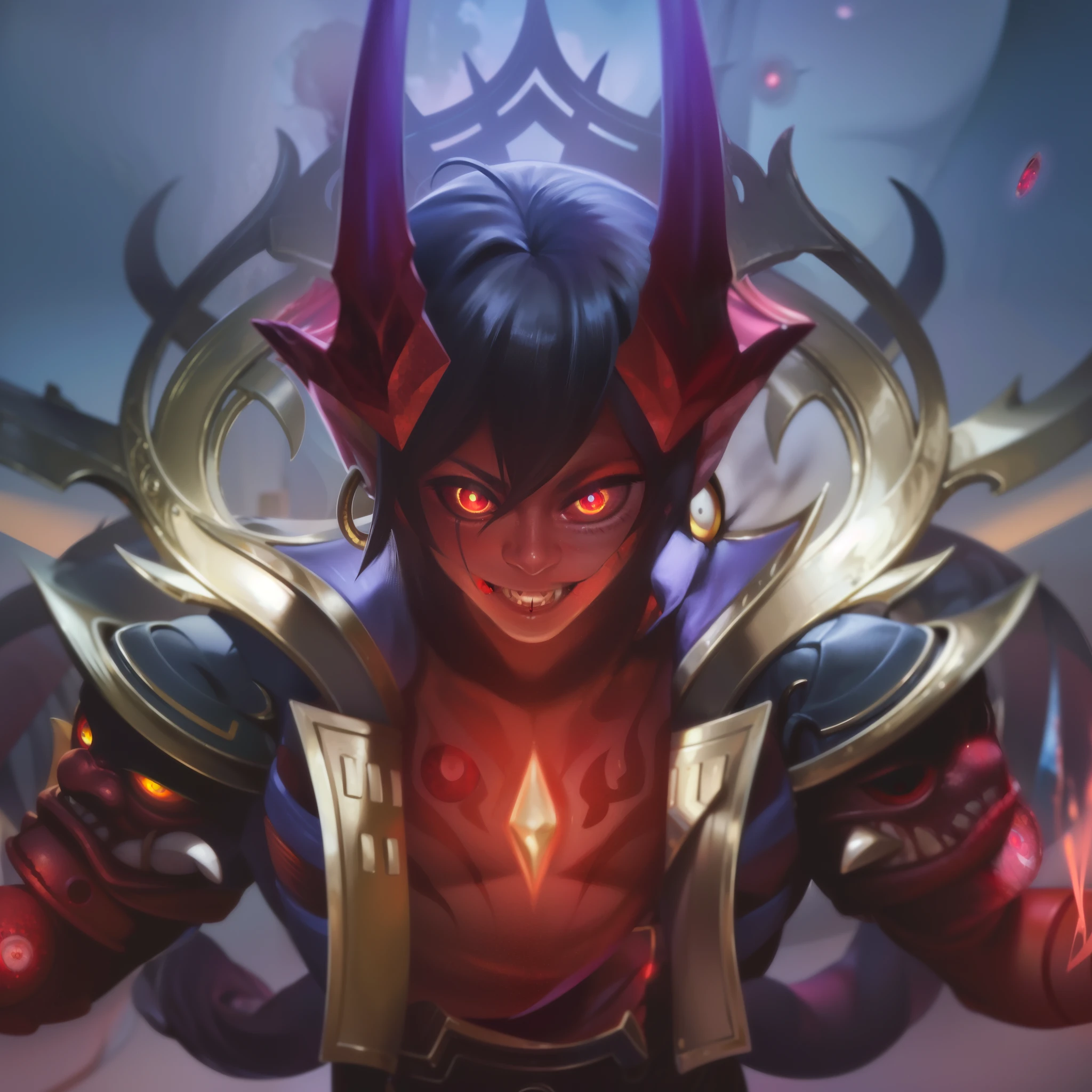 masculine male, masterpiece, ((perfect eyes)) best quality, (semirealism:1.9), beautiful lighting, (extremely detailed CG unity 4k fhd wallpaper), High Detail, Sharp focus, dramatic outdoors, 25 years old, brown short hair, blue eyes, smile, Boy with two big horns, big earrings on ears, elf ear, red eyes, Thick eyebrows, evil smile, grinning, red body, red face, Burning skin, yellow diamonds glistening on chest, burning red skin, golden robe behind, big white belt, 8k, realistic, tato, scary, strong red eye glow (red eye:2.2).