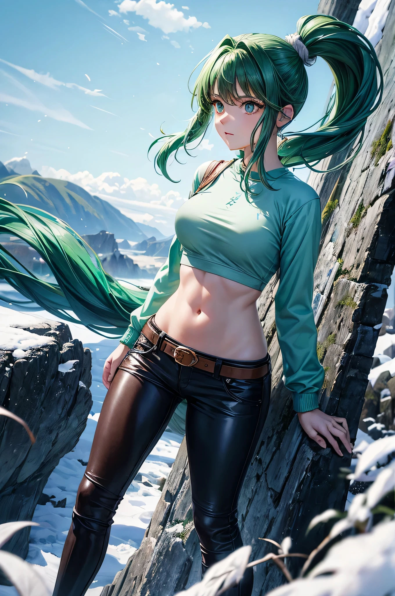 A girl with emerald eyes and aqua green hair in a high ponytail, com uma camisa xadrez e botas de trilha, explorando uma montanha coberta de neve.