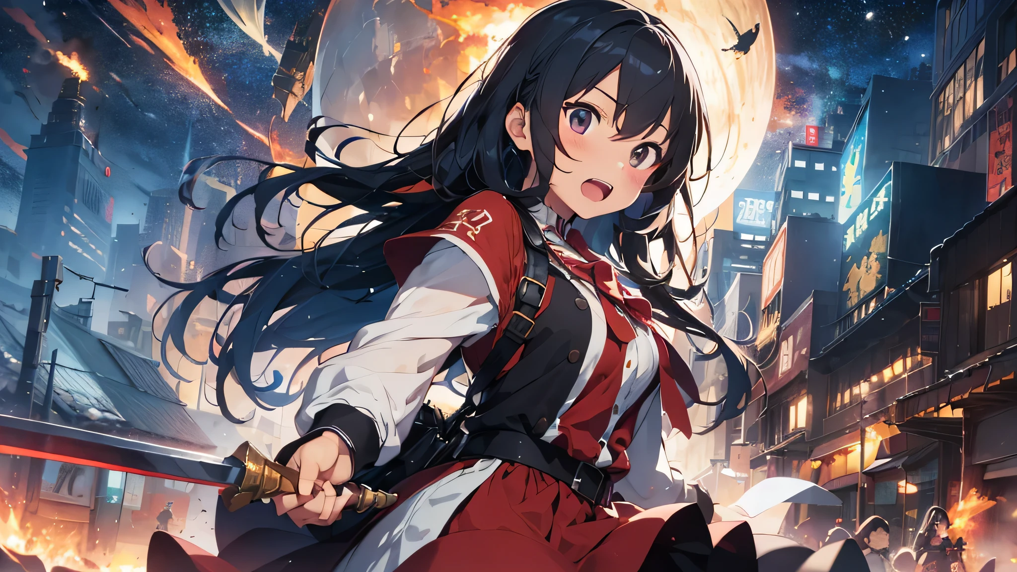最high quality、best image quality、masterpiece、age girl((18-year-old、 By becoming、vest bust、medium bust,wide open breast tea、black eye, light blue hAria、Red mesh、long hAria、thin,highest valley、Red and blue dress、holding a red sword in his right hand、Glowing red wings,Aria、splatters、slash pose、scream、He holds a red sword in his left hand.、angry face、leaning forward)),high quality、beautiful art、background((outer space、battlefield、Burning Town、fire、inflammation、A large number of missiles rain down))瓦礫がsplatters、Depth of written boundary、movie、visual art、perfect art、8K,genuine