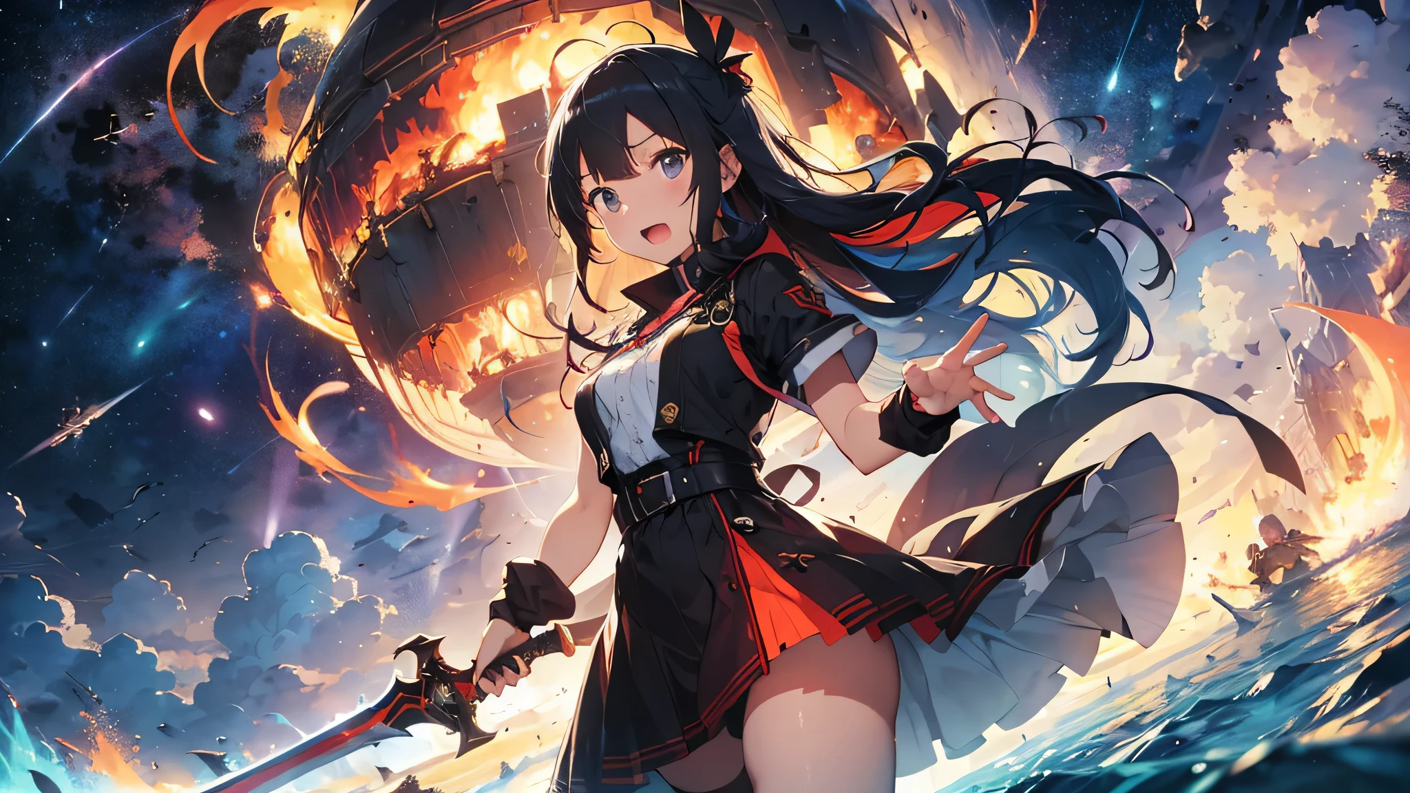 最high quality、best image quality、masterpiece、teenage girl((18-year-old、 By becoming、vest bust、medium bust,wide open breast tea、black eye, light blue hAria、Red mesh、long hAria、thin,highest valley、Red and blue dress、holding a red sword in his right hand、Glowing red wings,Aria、splatters、slash pose、scream、He holds a red sword in his left hand.、angry face、leaning forward)),high quality、beautiful art、background((outer space、battlefield、Burning Town、fire、inflammation、A large number of missiles rain down))瓦礫がsplatters、Depth of written boundary、movie、visual art、perfect art、8K,genuine