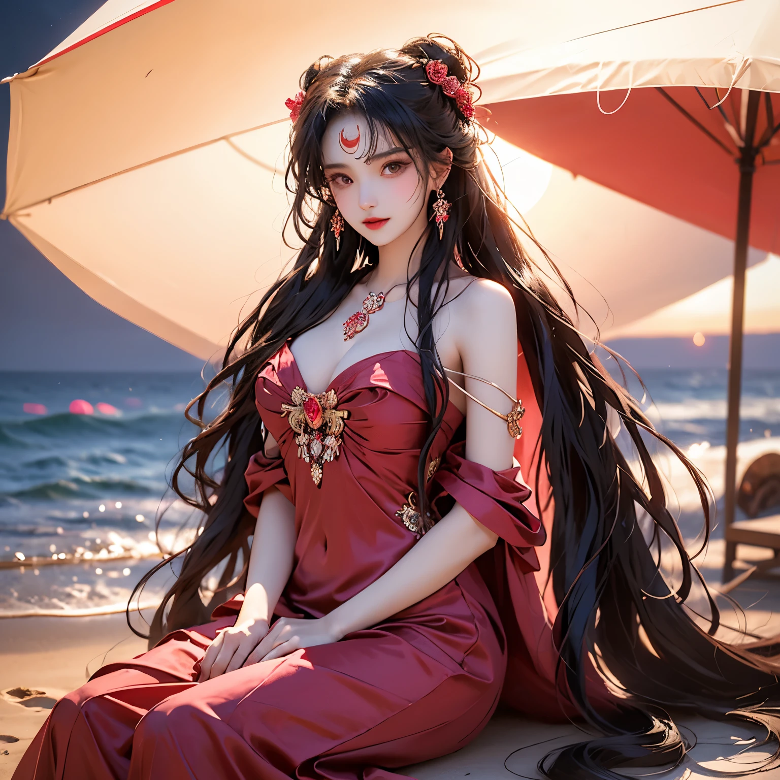 Sexy woman with long, flowing wavering curls in the wind, adorned with vibrant accessories embedded in her luscious tresses, alluringly wore a scarlet red evening gown on the serene night beach. Neon blue water kissed the sandy shore as he sat on its edge, promoting an ethereal ambiance.