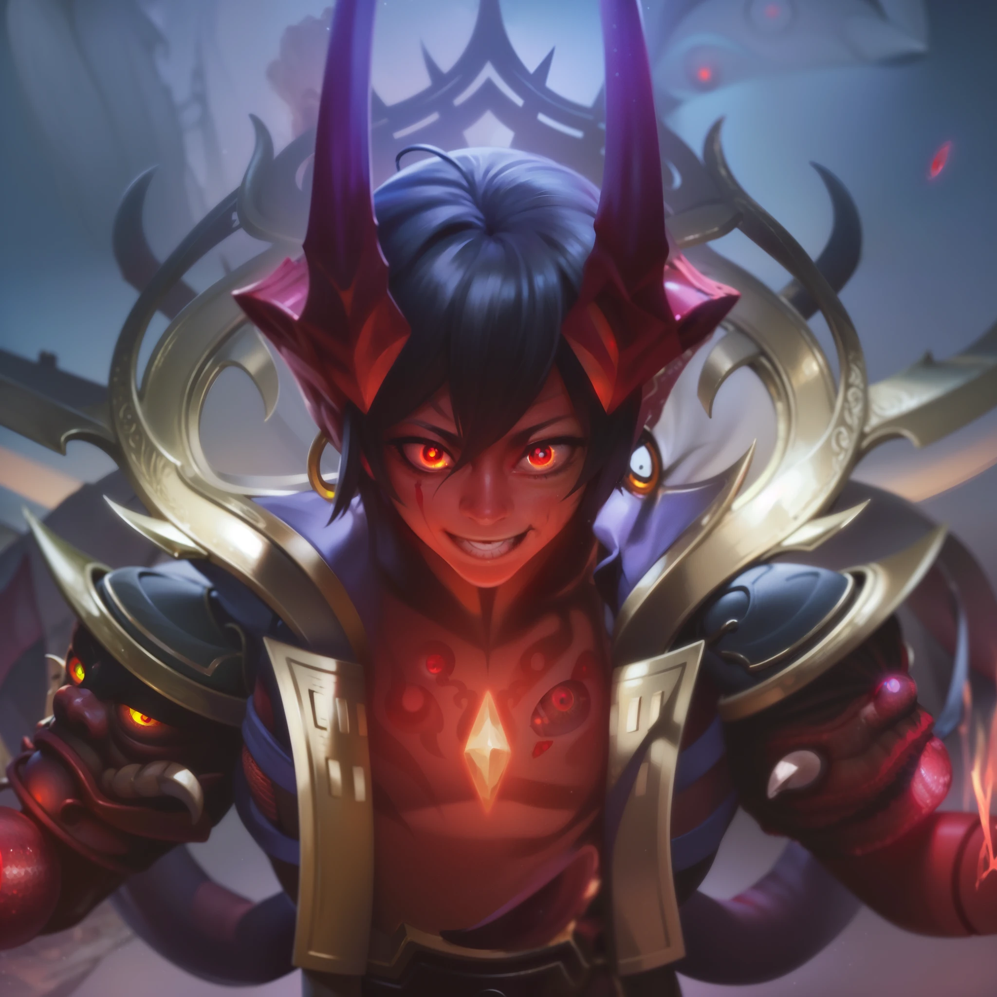 masculine male, masterpiece, ((perfect eyes)) best quality, (semirealism:1.9), beautiful lighting, (extremely detailed CG unity 4k fhd wallpaper), High Detail, Sharp focus, dramatic outdoors, 25 years old, brown short hair, blue eyes, smile, Boy with two big horns, big earrings on ears, elf ear, red eyes, Thick eyebrows, evil smile, grinning, red body, red face, Burning skin, yellow diamonds glistening on chest, burning red skin, golden robe behind, big white belt, 8k, realistic, tato, scary, strong red eye glow (red eye:2.2).