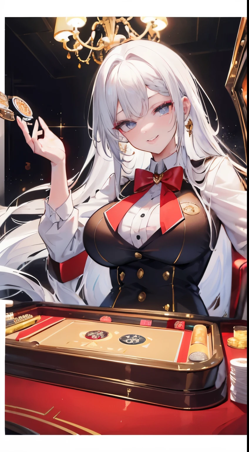 White hair girl,braided,black eyes,big breast,((Red academy uniform)),casino,illustration,highest quality,ultra-detailed,vivid colors,studio lighting,sharp focus (best quality,4k,8k,highres,masterpiece:1.2),extremely detailed eyes and face,longeyelashes,anime,luxury,night scene,beautiful detailed lips,glowing lights,sexy vibe,lively atmosphere,game tables,fancy decorations,golden chandeliers,expensive gambling chips,winning smiles,cocktail glasses,cigarette smoke,confident poses,high-class,rich aesthetic,card games,roulette wheel,playing cards,slot machines,poker chips,money stacks,excitement,thrilling suspense,luck,entertainment.