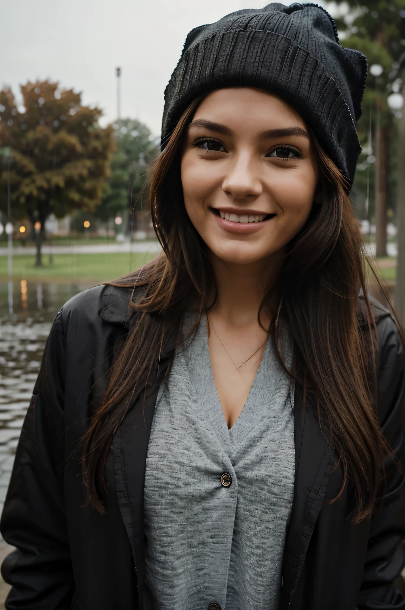 smiling woman, dark jacket, beanie, brown long hair, realism, RAW, photorealism, park, raining