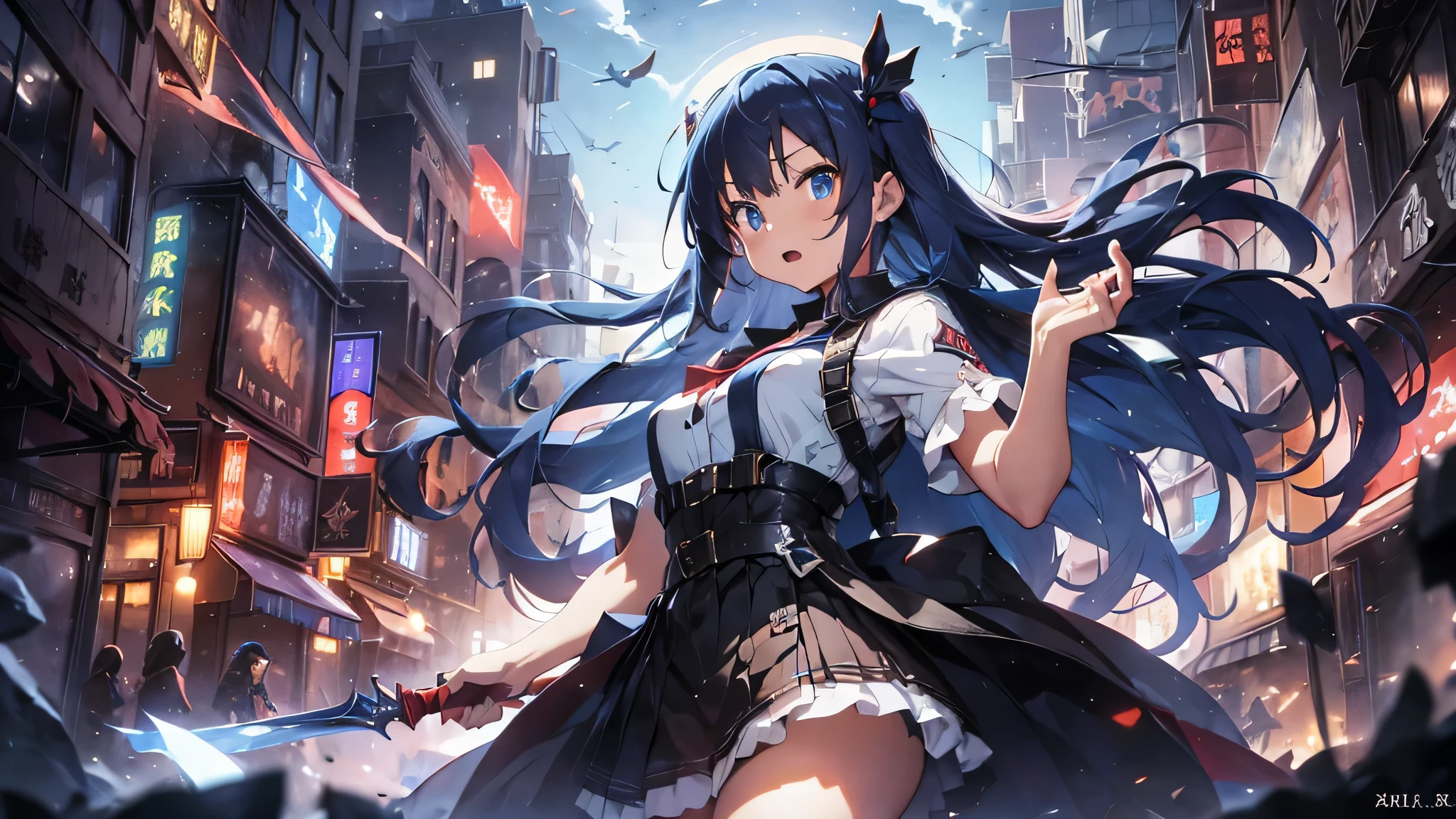 最high quality、best image quality、masterpiece、age girl((18-year-old、 By becoming、vest bust、medium bust,wide open breast tea、black eye, light blue hAria、Red mesh、long hAria、thin,highest valley、Red and blue dress、holding a red sword in his right hand、Glowing red wings,Aria、splatters、slash pose、scream、He holds a red sword in his left hand.、angry face、leaning forward)),high quality、beautiful art、background((outer space、battlefield、Burning Town、fire、inflammation、A large number of missiles rain down))瓦礫がsplatters、Depth of written boundary、movie、visual art、perfect art、8K,genuine
