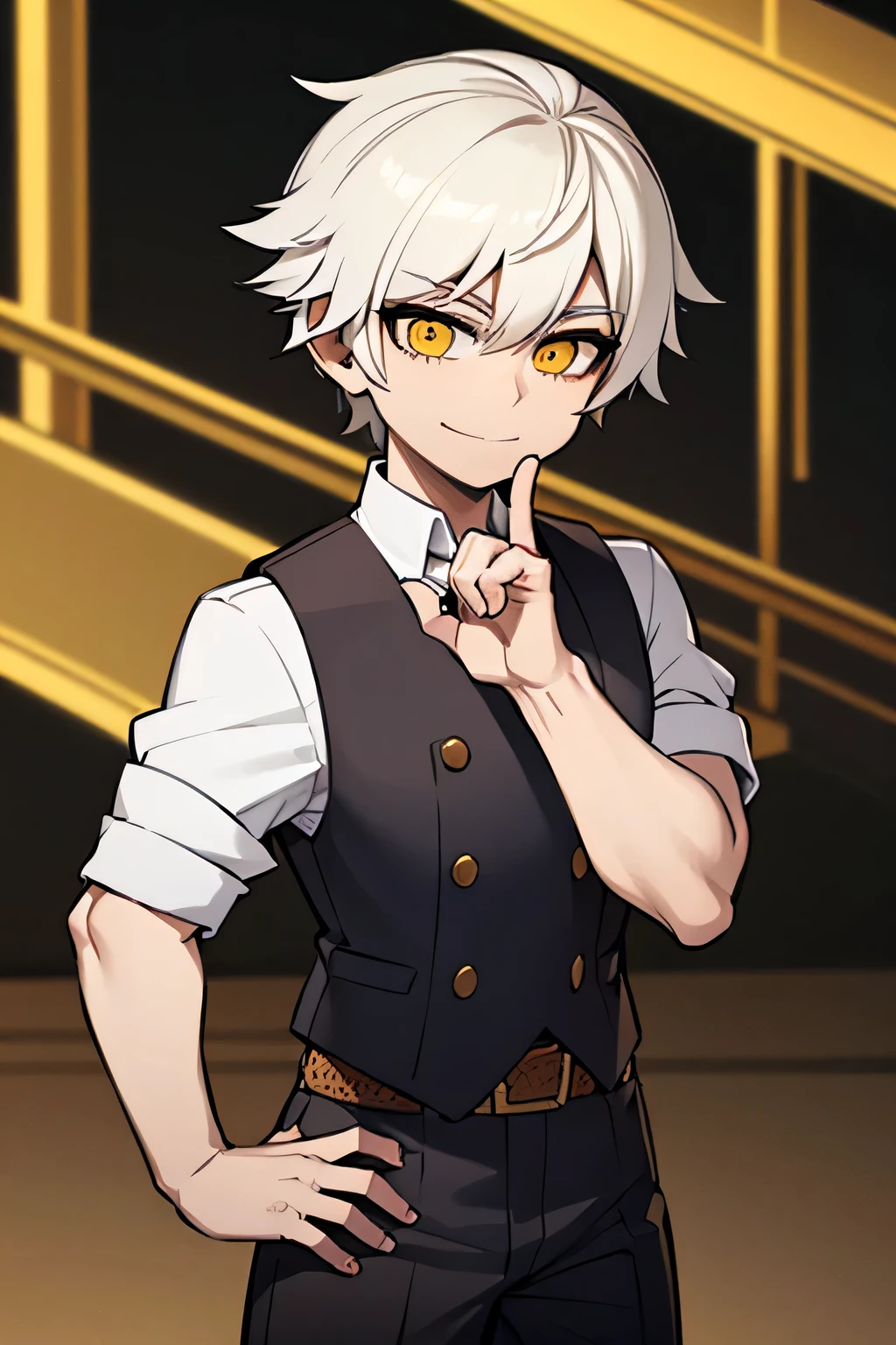 a man,short white hair,western shirt,black pants,yellow eyes,Hands on hips posture,Smile,feeling of positive energy,lively feeling