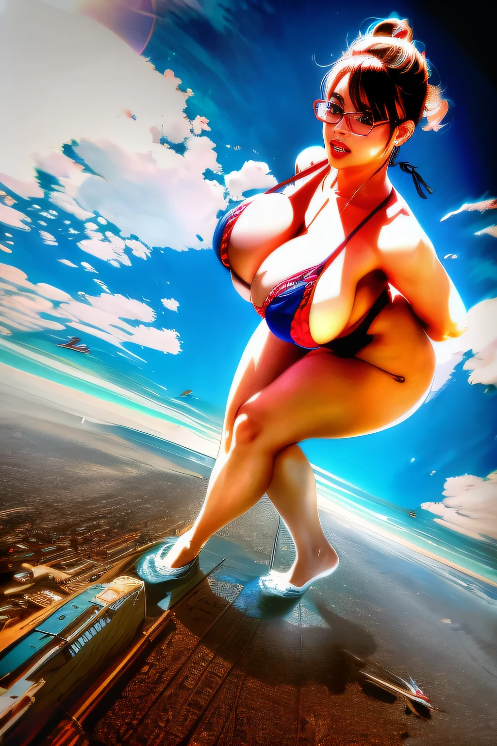 Giant娘 art, 非常に詳細なGiantショット, Giant, short hair, Giant woman bigger than a skyscraper, wearing rimless glasses, big breasts, big ass, bikini swimwear, Play with micro aircraft carriers and battleships in the land of dwarfs., full body description, GTS, giga Giant娘, Giant娘, crashed warship, small warship, micro warship, High resolution, highest quality, masterpiece,