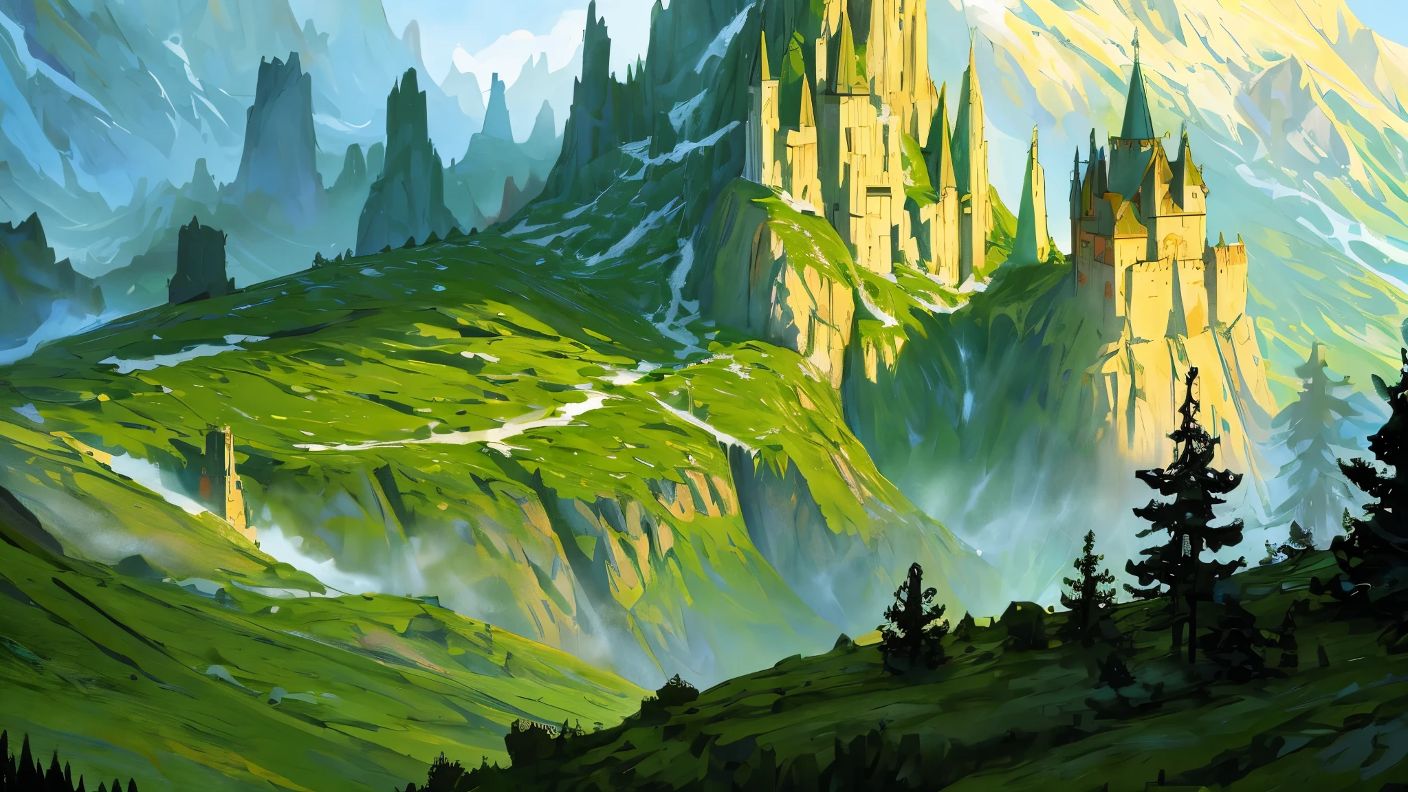 masterpiece, detailed, Conceptart, Concept Art, SamWho, dnd style, green forest, big mountains, fantasy castle, species, overlooking chasm
