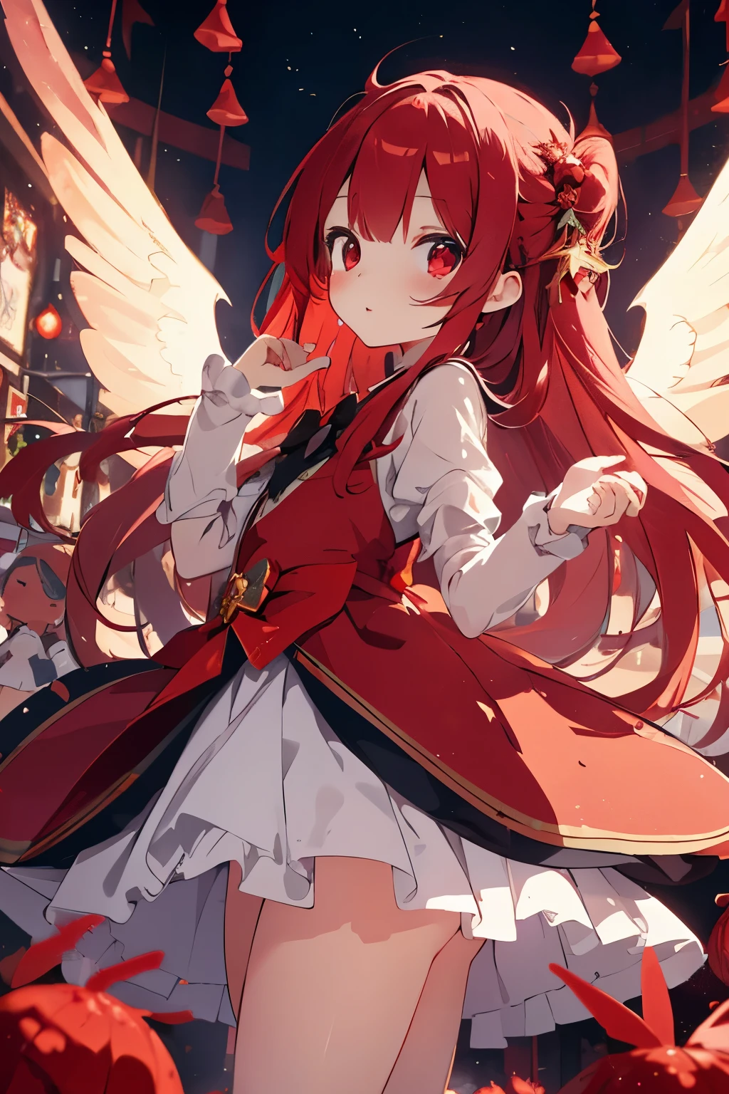 Beautiful illustration, best quality, cute , (transformation sequence), Magical girl, chibi, 红色Magical girl, fractal art, Red festive, baby face, Red mesh long hair, Beautiful and detailed red eyes, Cinema lighting,, looking at the audience, from the bottom, happy,Double words hidden in the picture,
