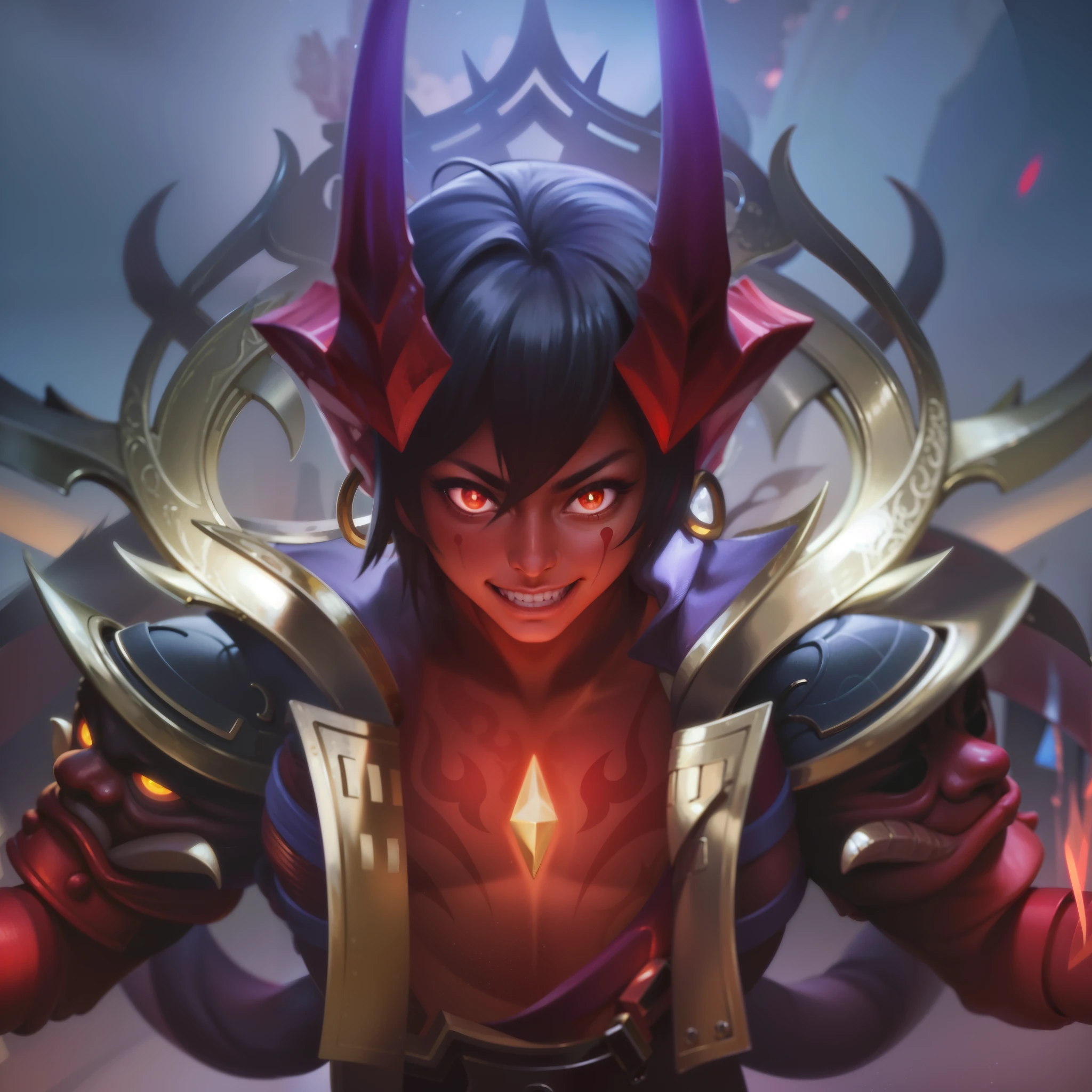 masculine male, masterpiece, ((perfect eyes)) best quality, (semirealism:1.9), beautiful lighting, (extremely detailed CG unity 4k fhd wallpaper), High Detail, Sharp focus, dramatic outdoors, 25 years old, brown short hair, blue eyes, smile, Boy with two big horns, big earrings on ears, elf ear, red eyes, Thick eyebrows, evil smile, grinning, red body, red face, Burning skin, yellow diamonds glistening on chest, burning red skin, golden robe behind, big white belt, 8k, realistic, face tatto, scary, strong red eye glow.