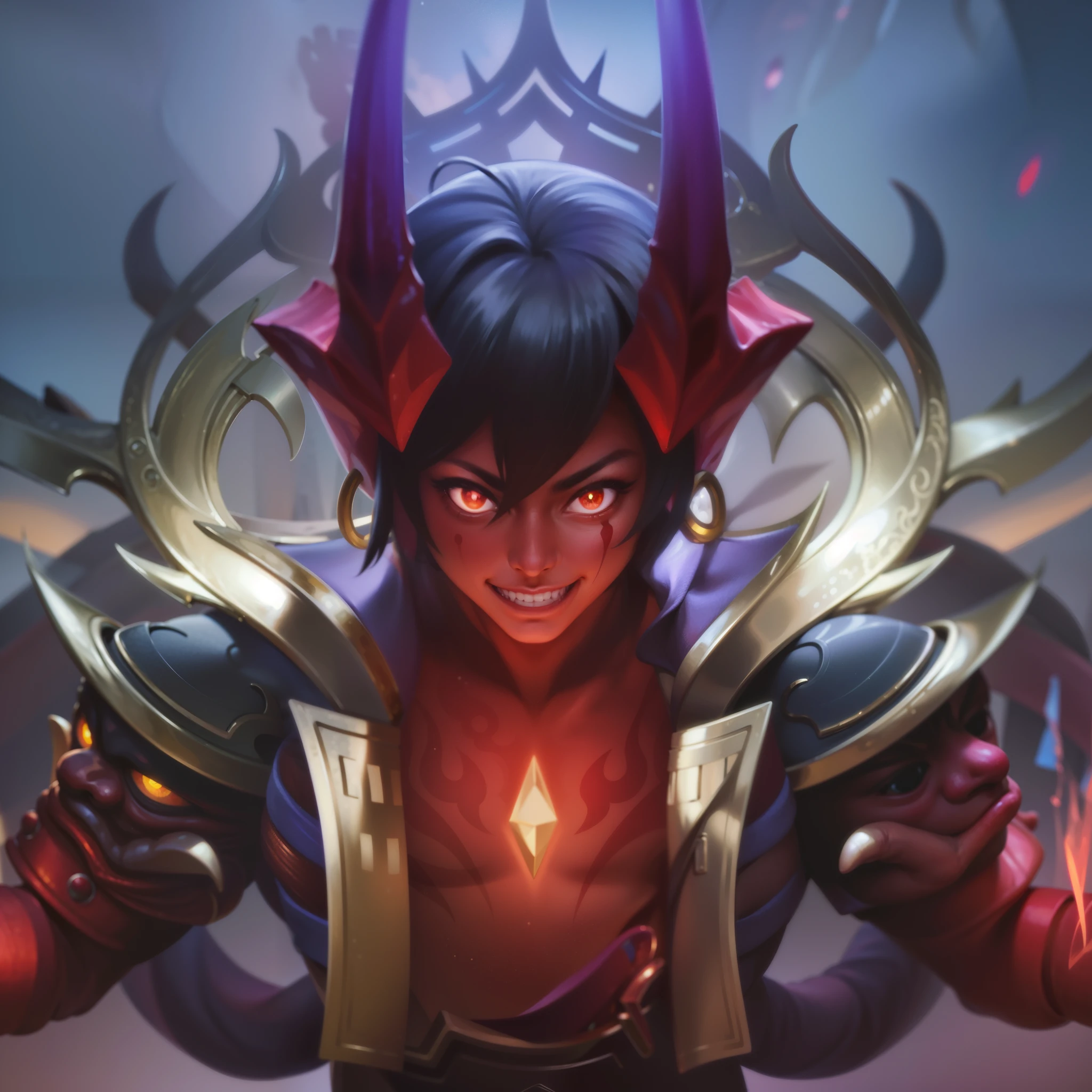 masculine male, masterpiece, ((perfect eyes)) best quality, (semirealism:1.9), beautiful lighting, (extremely detailed CG unity 4k fhd wallpaper), High Detail, Sharp focus, dramatic outdoors, 25 years old, brown short hair, blue eyes, smile, Boy with two big horns, big earrings on ears, elf ear, red eyes, Thick eyebrows, evil smile, grinning, red body, red face, Burning skin, yellow diamonds glistening on chest, burning red skin, golden robe behind, big white belt, 8k, realistic, face tatto, scary, strong red eye glow.