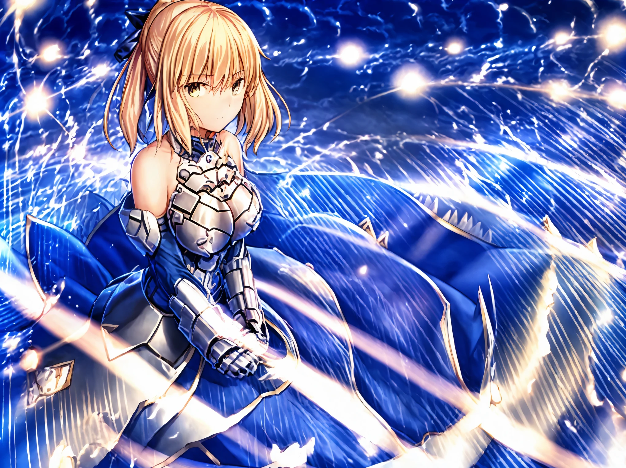 Anime girl sitting on a blue blanket with a sword in her hand - SeaArt AI