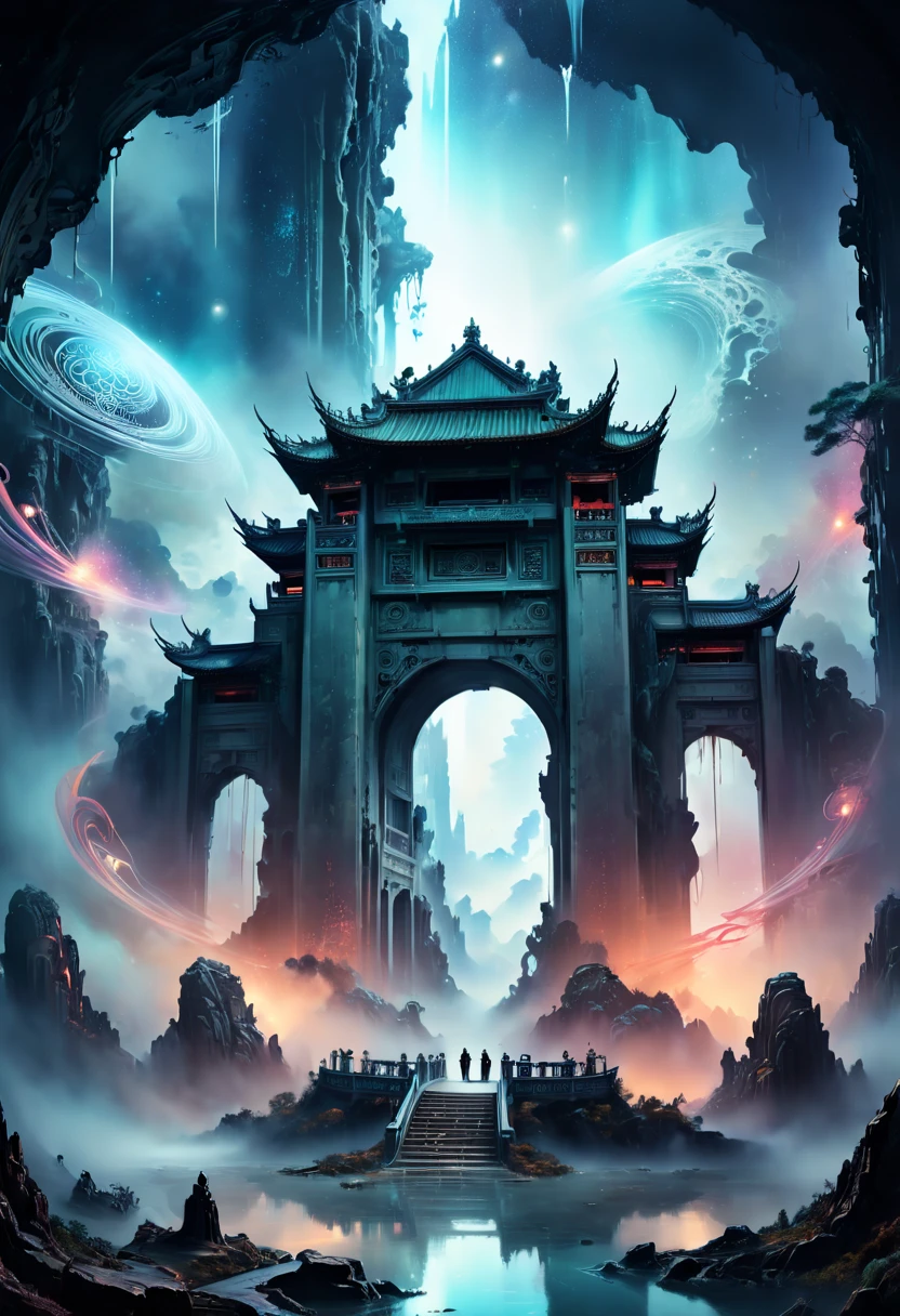 Forgotten gateway, huge magical entrance to unknown time and space, a dragon hovering on the door, chinese ink painting, matte painting, surreal epic scenes, mystery fantasy art, ethereal atmosphere, space light, panoramic view, (best quality, masterpiece, Representative work, official art, Professional, high-definition details, 8k)