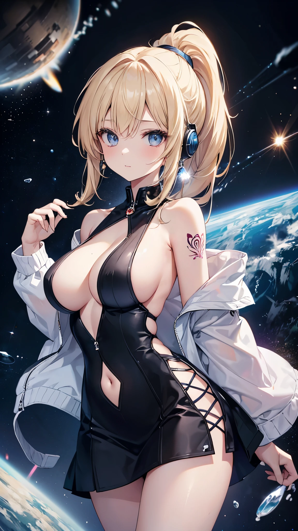 最high quality、best image quality、master piece、girl vs.((18-year-old、Love of the Universe、vest bust、bust 85、blonde、ponytail、,beautiful bluish eyes、open your chest wide、Diamond earrings in the ears、mechanical headphones,Embrace your audience)）high quality、visual art、With background((outer space))、depth((Black Hole))，Sexy Dress Up，cropped shoulders（Has tattoos），show your stomach（Has tattoos），naked thighs（Has tattoos），Between open strands，sexual big breasts cleavage，implicit，attraction，lotion，Adult Theme