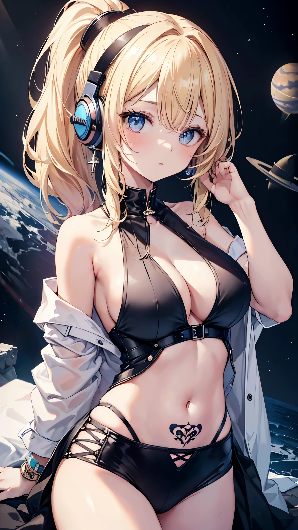 最high quality、best image quality、master piece、girl vs.((18-year-old、Love of the Universe、vest bust、bust 85、blonde、ponytail、,beautiful bluish eyes、open your chest wide、Diamond earrings in the ears、mechanical headphones,Embrace your audience))high quality、visual art、With background((outer space))、depth((Black Hole)),Sexy Dress Up,cropped shoulders(Has tattoos),show your stomach(Has tattoos),naked thighs(Has tattoos),Between open strands,sexual big breasts cleavage,implicit,attraction,lotion,Adult Theme