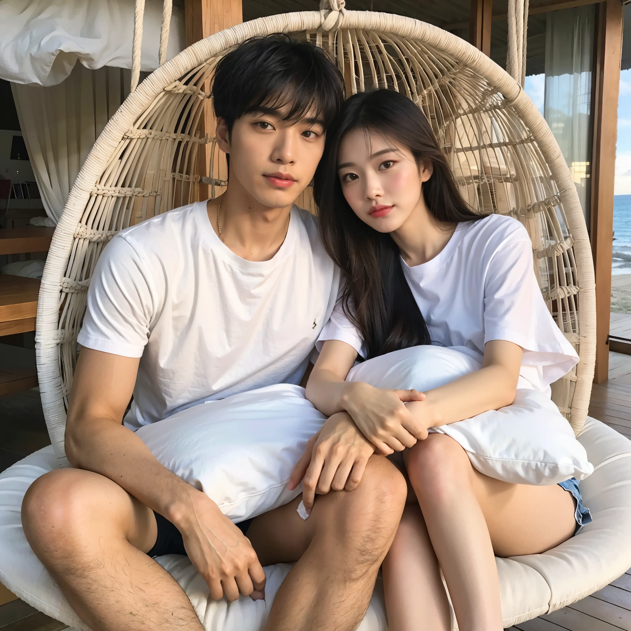 close up photo of a pair of lovers, a handsome man and a beautiful woman with a Korean appearance, the man is wearing a white t-shirt, black shorts, white shoes, the woman is wearing a white t-shirt, short jeans, they are sitting on a swing similar to an egg shell hanging behind terrace of the house complete with pillows, sleeping mats, beautiful beach setting where you can see the sunset in the afternoon. Body structure details, ultra soft lighting, taken from the front