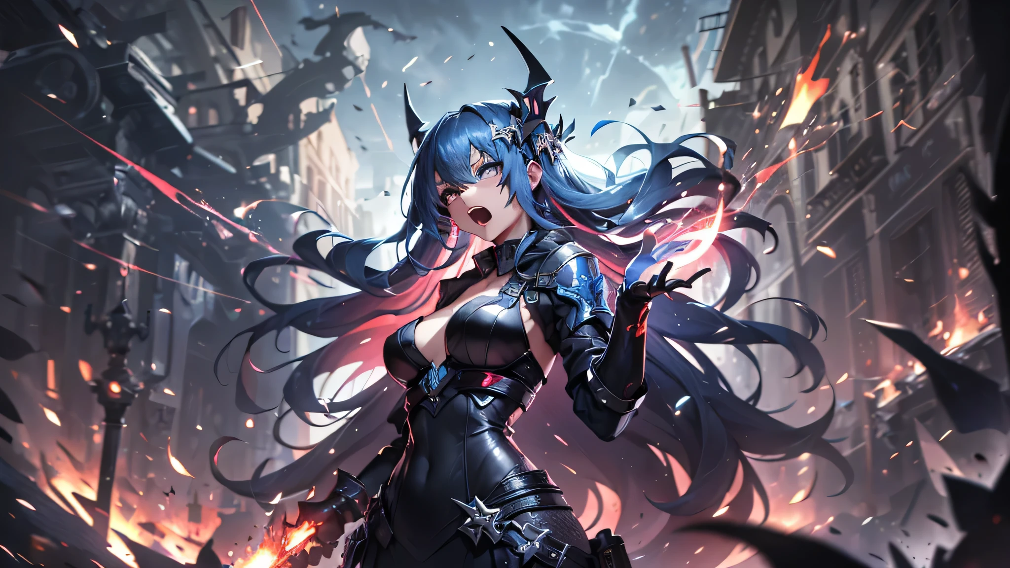 最high quality、best image quality、masterpiece、teenage girl((18-year-old、 By becoming、vest bust、medium bust,wide open breast tea、black eye, light blue hAria、Red mesh、long hAria、thin,highest valley、Red and blue dress、holding a red sword in his right hand、Glowing red wings,Aria、splatters、slash pose、scream、He holds a red sword in his left hand.、angry face、leaning forward)),high quality、beautiful art、background((outer space、battlefield、Burning Town、fire、inflammation、A large number of missiles rain down))瓦礫がsplatters、Depth of written boundary、movie、visual art、perfect art、8K,genuine