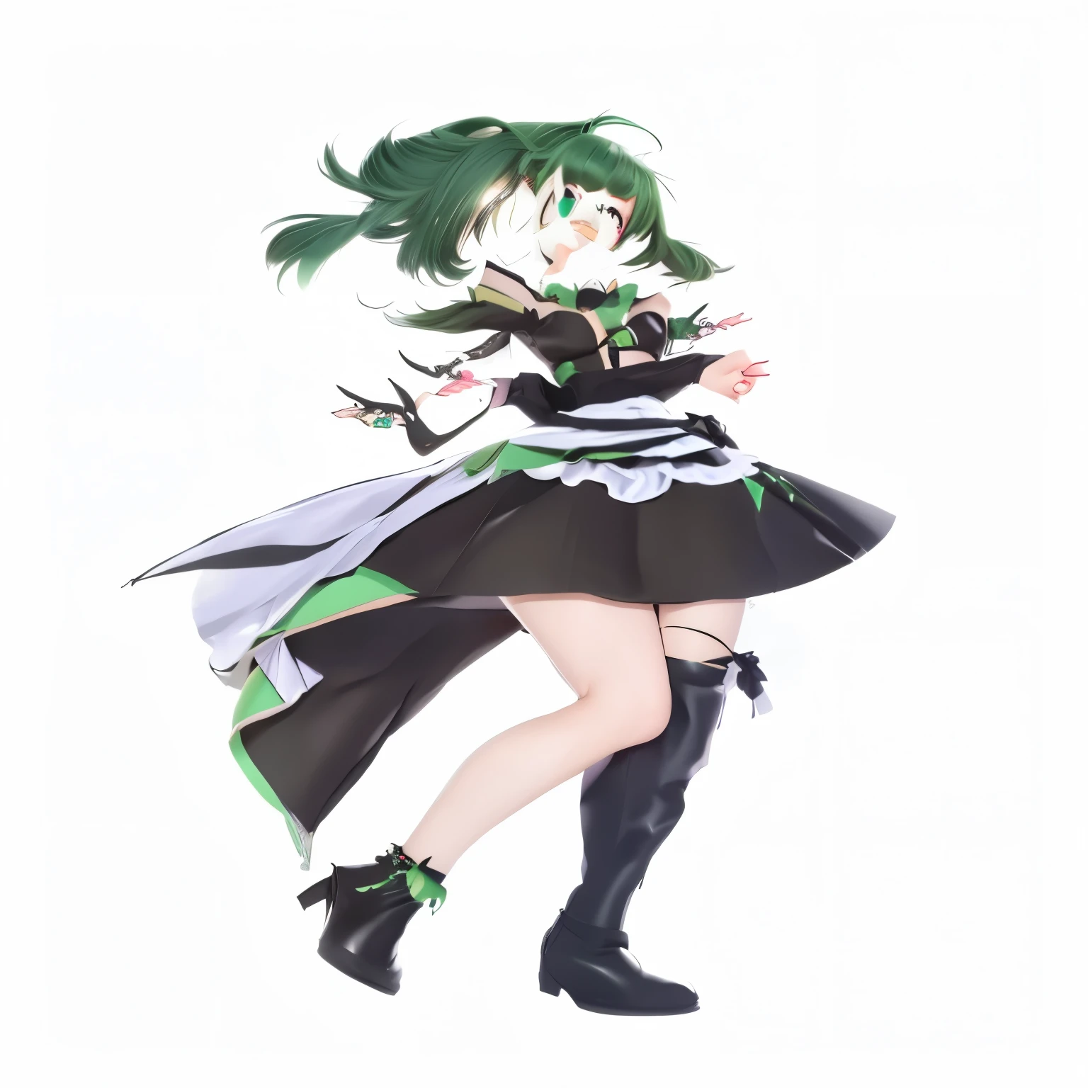 anime girl in a black green and white dress with a green hair, full body adoptable, 