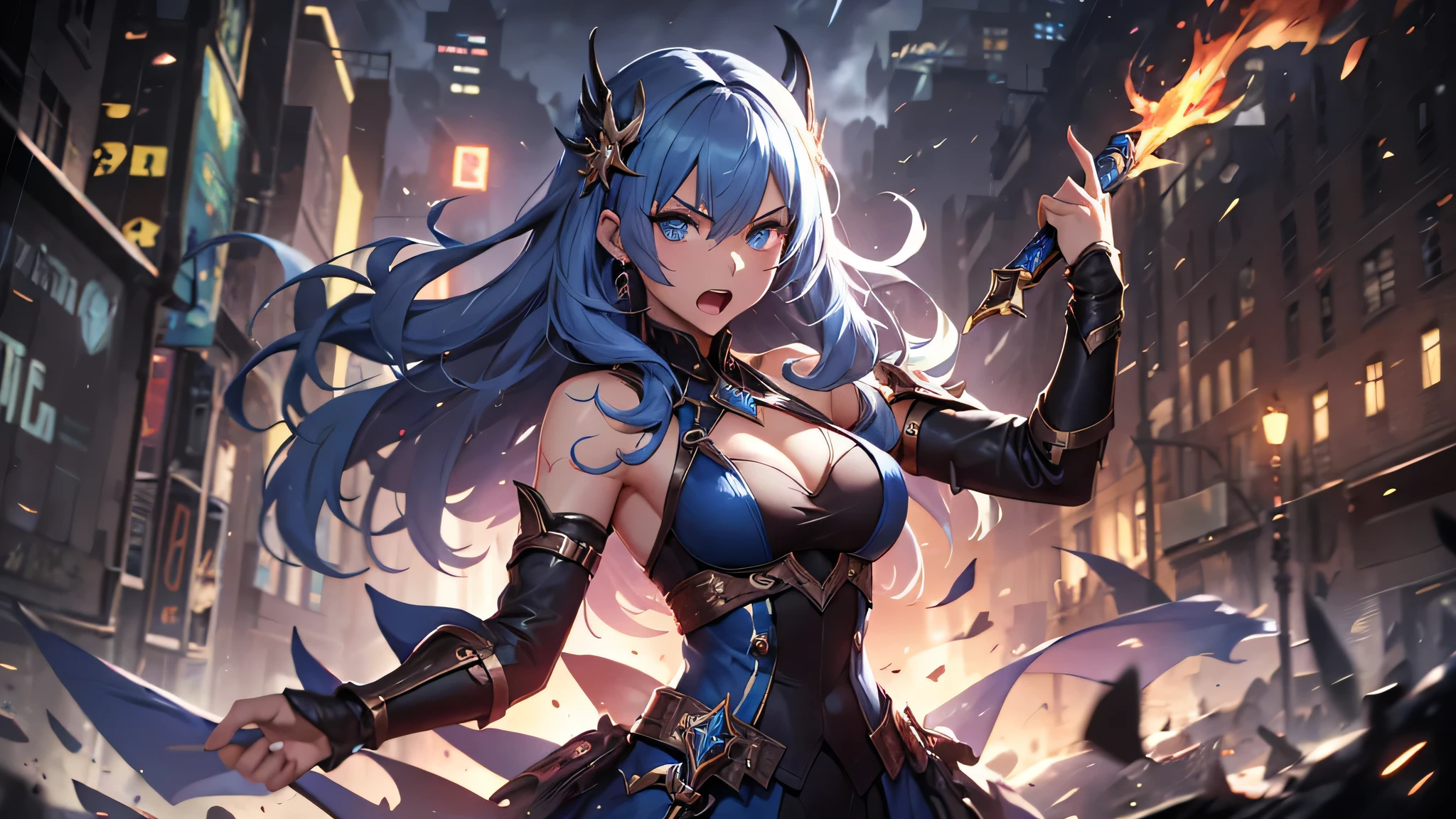 最high quality、best image quality、masterpiece、teenage girl((18-year-old、 By becoming、vest bust、medium bust,wide open breast tea、black eye, light blue hAria、Red mesh、long hAria、thin,highest valley、Red and blue dress、holding a red sword in his right hand、Glowing red wings,Aria、splatters、slash pose、scream、He holds a red sword in his left hand.、angry face、leaning forward)),high quality、beautiful art、background((outer space、battlefield、Burning Town、fire、inflammation、A large number of missiles rain down))瓦礫がsplatters、Depth of written boundary、movie、visual art、perfect art、8K,genuine