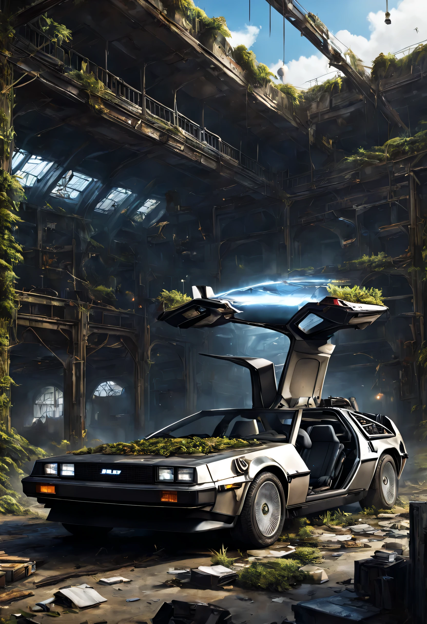 The forgotten gate of time and space, fantasy theme, concept art, Back to the Future, Future Style DeLorean and Jeremy Doc, Abandoned warehouse, (masterpiece), (highest quality), (Ultra high detail)