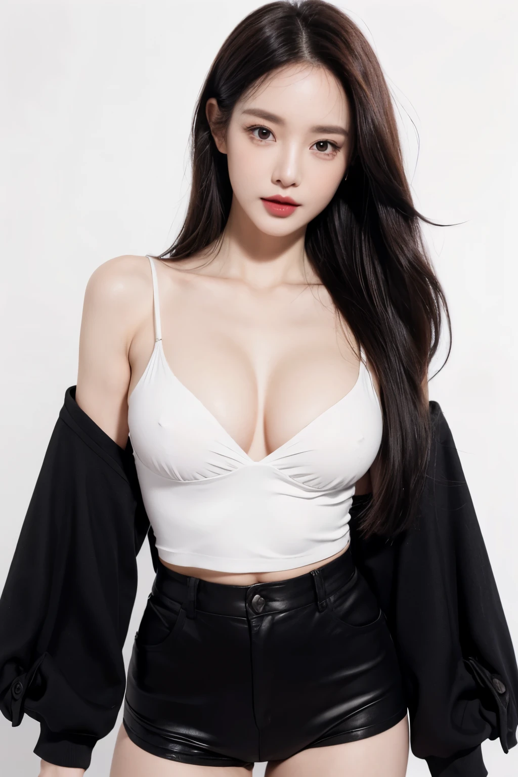 A slender woman, red glossy lips,(Extremely detailed beautiful face)), (best quality), (Super detailed), (Extremely detailed CG unified 8k wallpaper),original photo, (standing), (pure white background:1.5),Show forehead,(A little cleavage),(Photos above the thighs:0.5),(average light source),black shorts,(long black hair),(非常average light source),(Frontal fill light),(Frontal light source),Eyes look at the audience