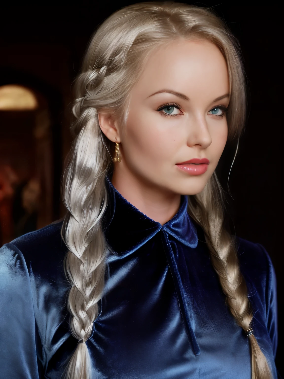 Cinema poster.  Game of thrones theme , GOT style, ((1 girl, solo, lonely,)) ((portrait in front of a medieval castle)) .  A British actress ((White Hair)) , (((50 years old))), old woman, (((she had silver hair in long, thick braids))) , pearls and rubies in her hair, purple eyes, pale and delicate skin, height and slenderness.  She wore dresses of silk, (((wearing an elegant dark blue medieval dress, velvet)), velvet and brocade, in blue, green and silver, gold and silver jewelry with precious stones, a golden diadem with a three-headed Dragon. Adobe Illustration, trending on ArtStation, 8k, master part, beautiful art, intricate details.