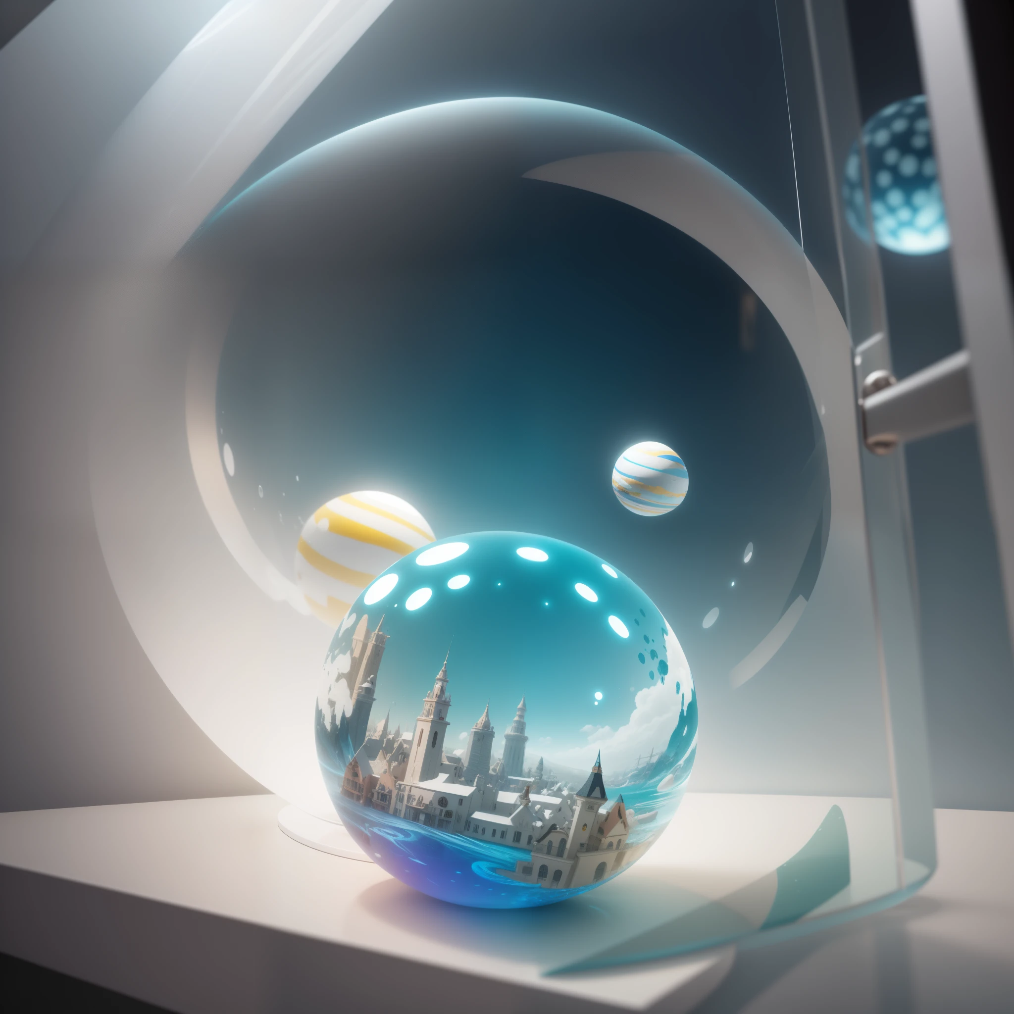 4k, blender, octane render,C4D, transparent glass texture, DDicon, frosted glass, studio lighting, axisymmetric, 3d round planet of resort world, in the style of hyper-detailed illustrations, playful visual, soft gradients, cute cartoonish designs, tilt shift, soft shading, isolate on white,