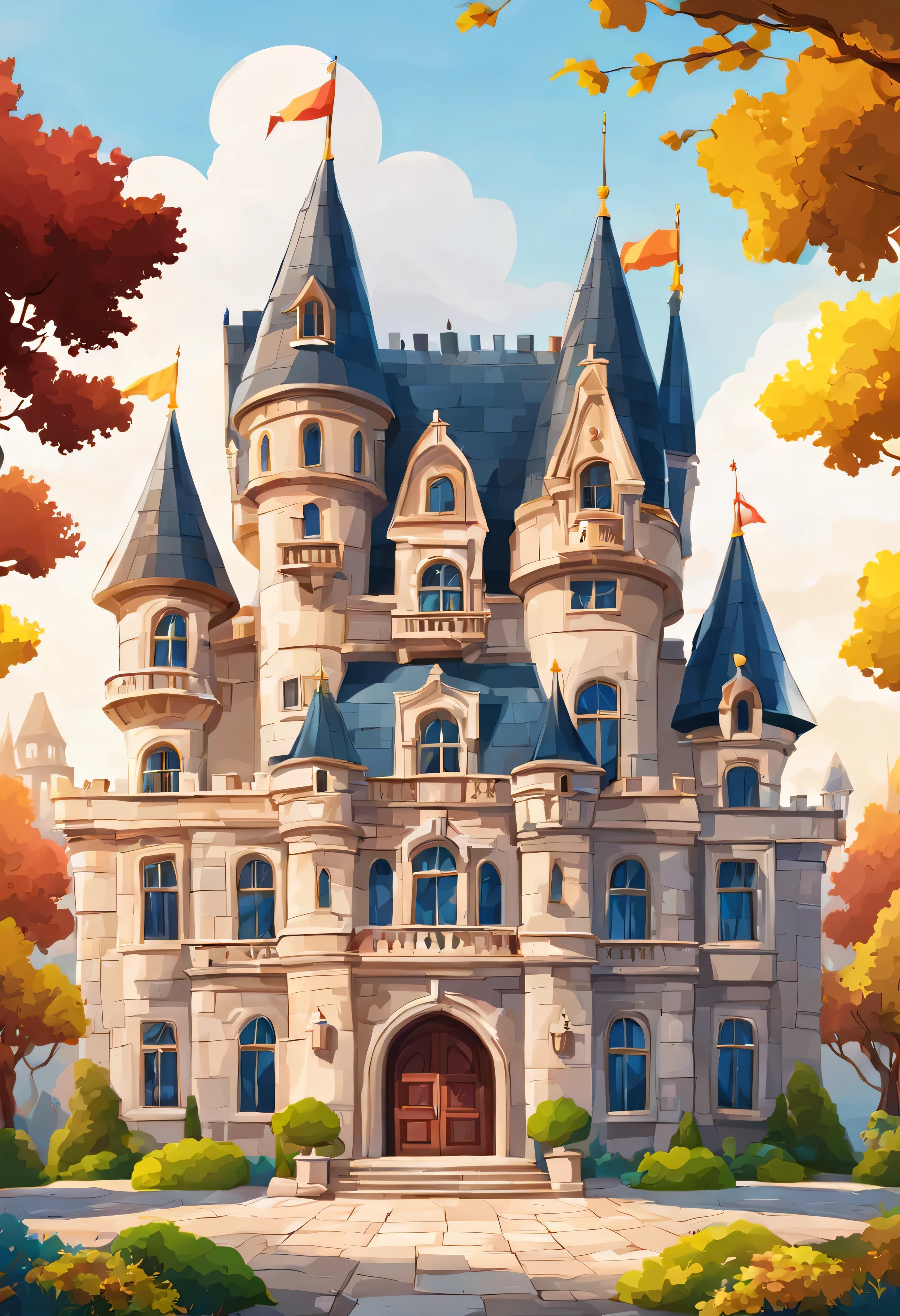 Castle cartoon bright rich manor kingdom building front spacious