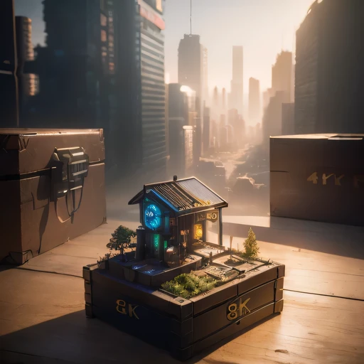 small realistic model, (8k, original photo, best quality, masterpiece:1.4),SteampunkCyberpunk4299 City,(Cyberpunk light:1.3),on the table,horizon (related to land),(in a small nature box:1.3),Isometric, small nature, landscape on foundation,landscape,