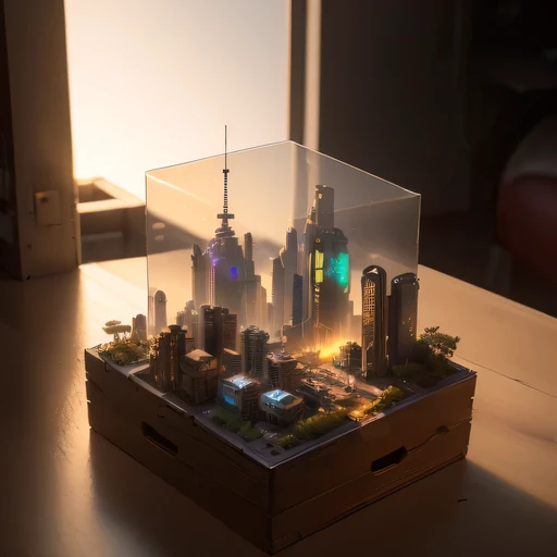 small realistic model, (8k, original photo, best quality, masterpiece:1.4),SteampunkCyberpunk4299 City,(Cyberpunk light:1.3),on the table,horizon (related to land),(in a small nature box:1.3),Isometric, small nature, landscape on foundation,landscape,