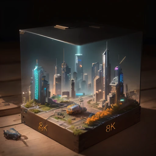 small realistic model, (8k, original photo, best quality, masterpiece:1.4),SteampunkCyberpunk4299 City,(Cyberpunk light:1.3),on the table,horizon (related to land),(in a small nature box:1.3),Isometric, small nature, landscape on foundation,landscape,