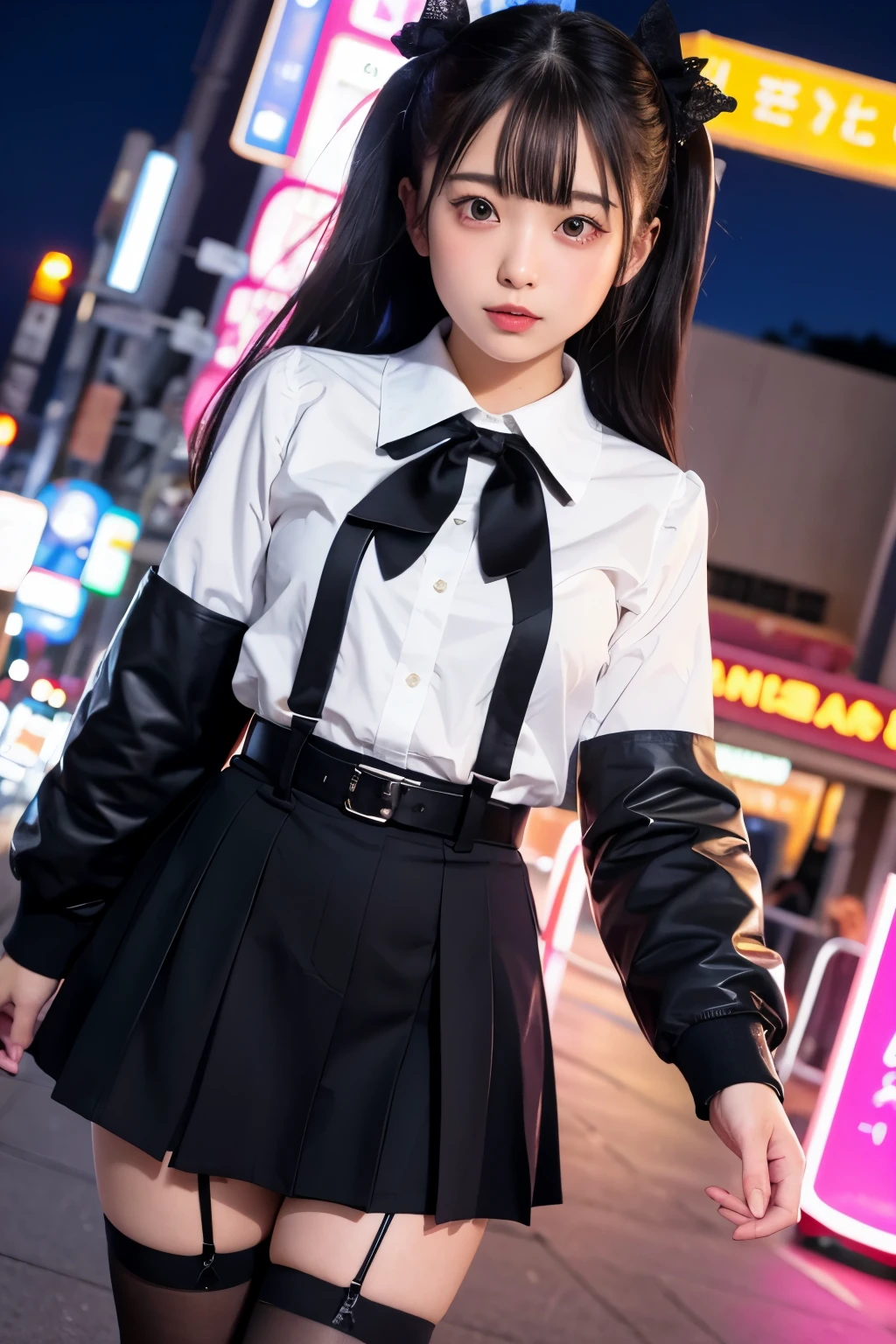 high angle shot、center view、A woman standing on a neon street at midnight、Phenomenally cute 、japanese girl uniform、summer clothes、Microminiskirt、urreal 、loafers、She wears black tights that show a little bit of skin.、black tights、Japanese high school 、Nogizaka Idol、Plump thighs、Full body Esbian、garter belt、garter ring、leg garter