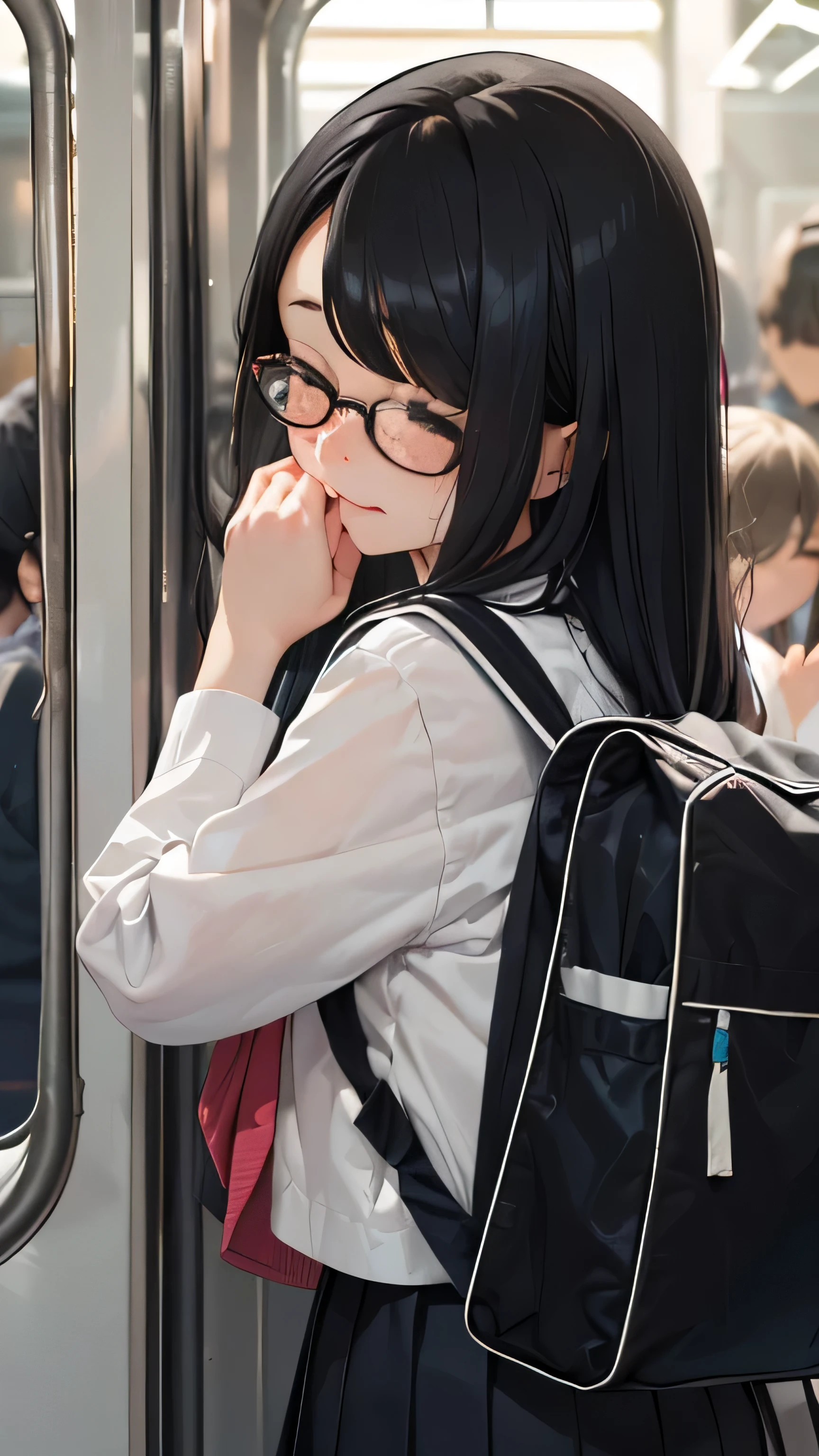 (((1 girl)))crowded train、、Middle schooade、summer sailor suit、black tights、student bag、、low length、(((((long bangs hide the eyes:1.5)))))、((freckles))、((((long black hair:1.2)))) (((hair band)))(((black rim glasses:1.2 black eye)))、standing in a crowded train、bevel、From above、looking here、troubled expression、look down、Upper body、from behind、