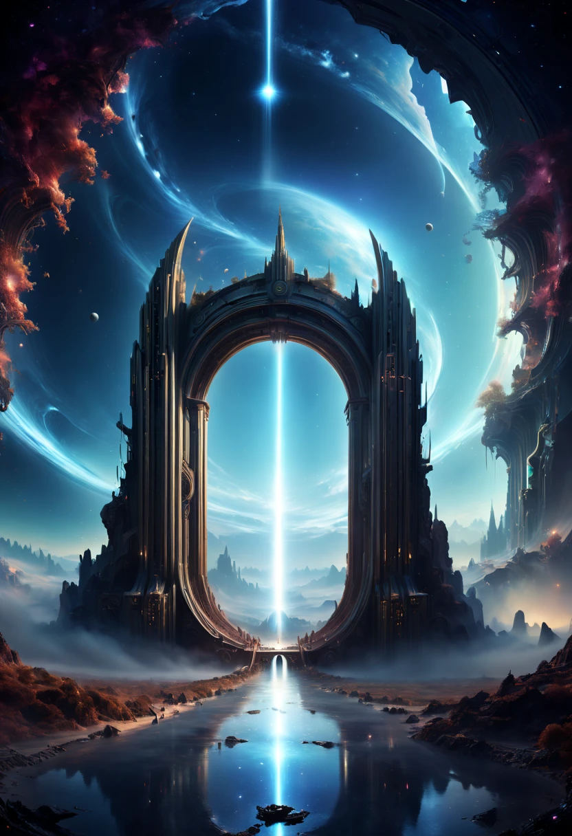 Forgotten gateway, huge magical entrance to unknown time and space, matte painting, surreal epic scenes, mystery fantasy art, ethereal atmosphere, space light, panoramic view, (best quality, masterpiece, Representative work, official art, Professional, high-definition details, 8k)