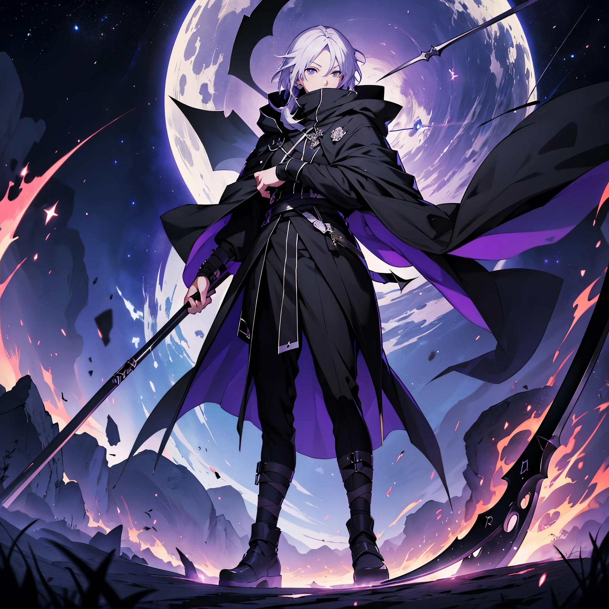 Anime artstyle, holding a scythe, wearing a stylish dark cloak, wrapped in bandages, no face, mysterious, full body,space in cube full stars black purple background, wallpaper, HD quality, extremely detailed, highest quality digital art