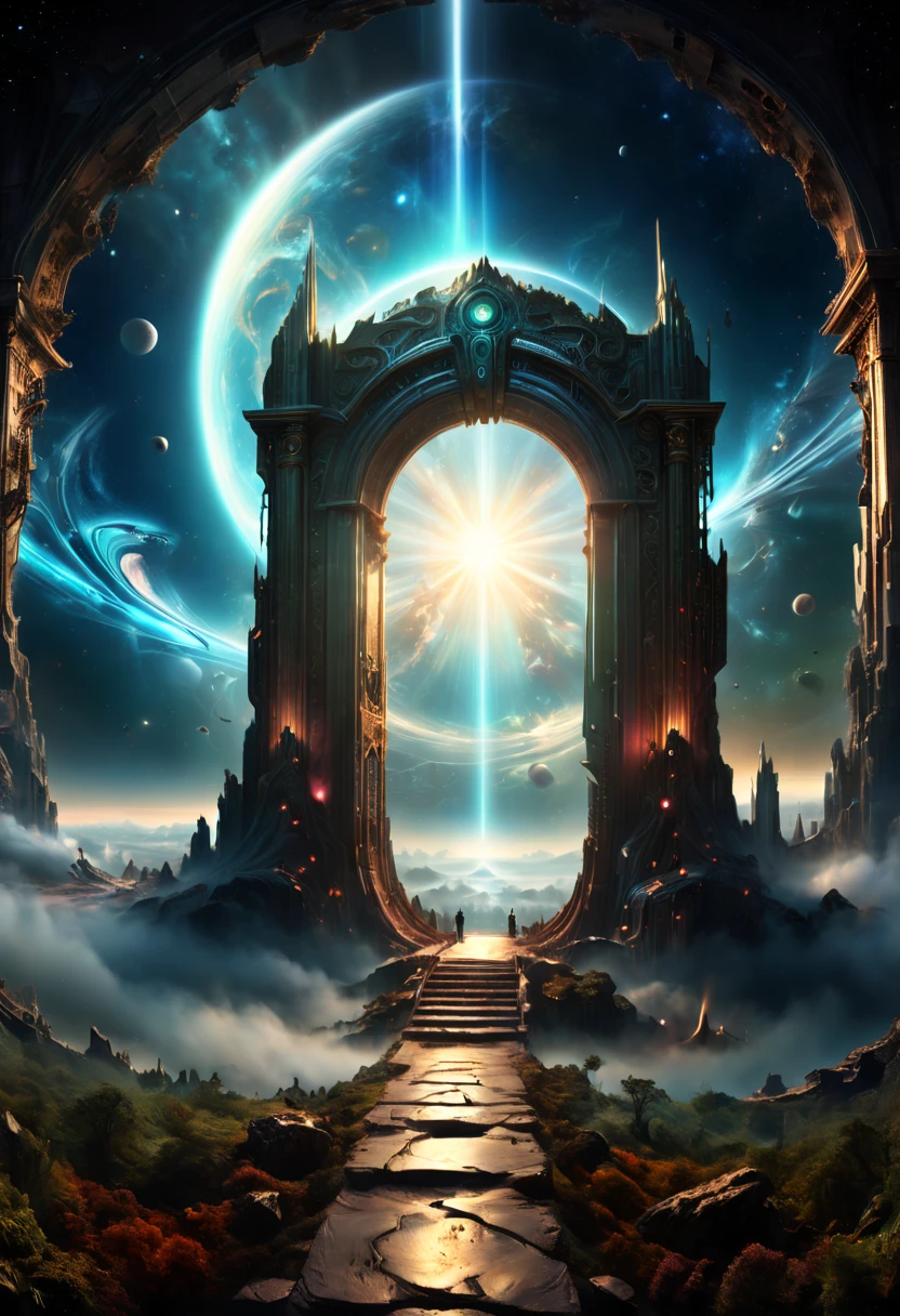 Forgotten gateway, huge magical entrance to unknown time and space, a dragon hovering on the door, chinese ink painting, matte painting, surreal epic scenes, mystery fantasy art, ethereal atmosphere, space light, panoramic view, (best quality, masterpiece, Representative work, official art, Professional, high-definition details, 8k)