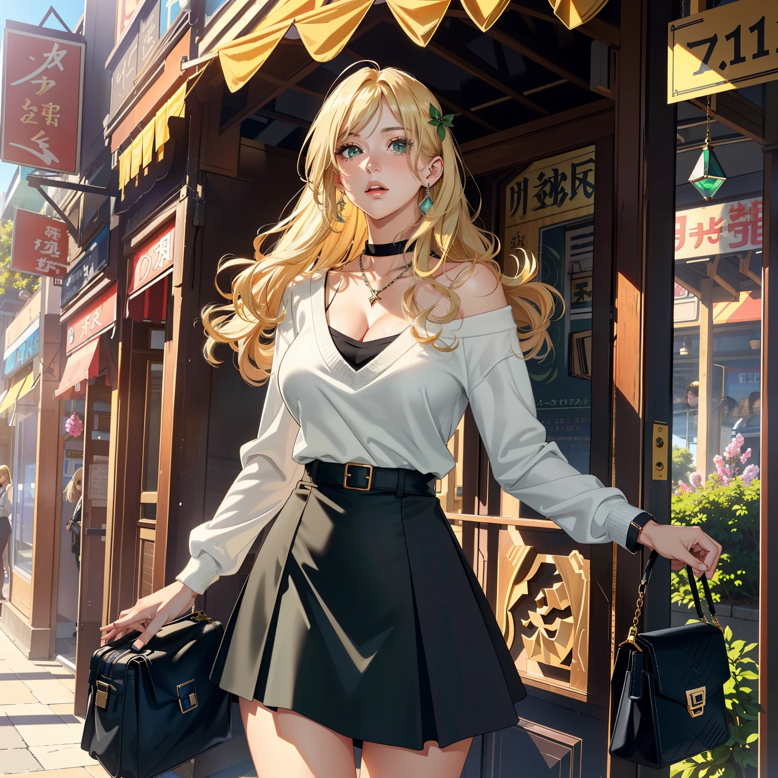 (masterpiece, best quality, highres, UHD, RTX, perfect pixel, depth of field, 4k, extremely-detailed))), 1girl, single, solo, beautiful anime girl, beautiful artstyle, anime character, ((long hair, parted bangs, middle part hair bangs, blonde hair)), ((green eyes:1.4, rounded eyes, beautiful eyelashes, realistic eyes)), ((detailed face, blushing:1.2)), ((smooth texture:0.75, realistic texture:0.65, photorealistic:1.1, anime CG style, vibrant color)), ((medium breasts, cleavage:0.9, busty)), dynamic angle, perfect body, ((POV, dynamic pose, close up, looking at viewer)),((wett 1.1)) ((white sweater, long sleeve, black skirt, fashionable, single handbag, 1diamond necklace)), open mouth, embrassed, amusement park