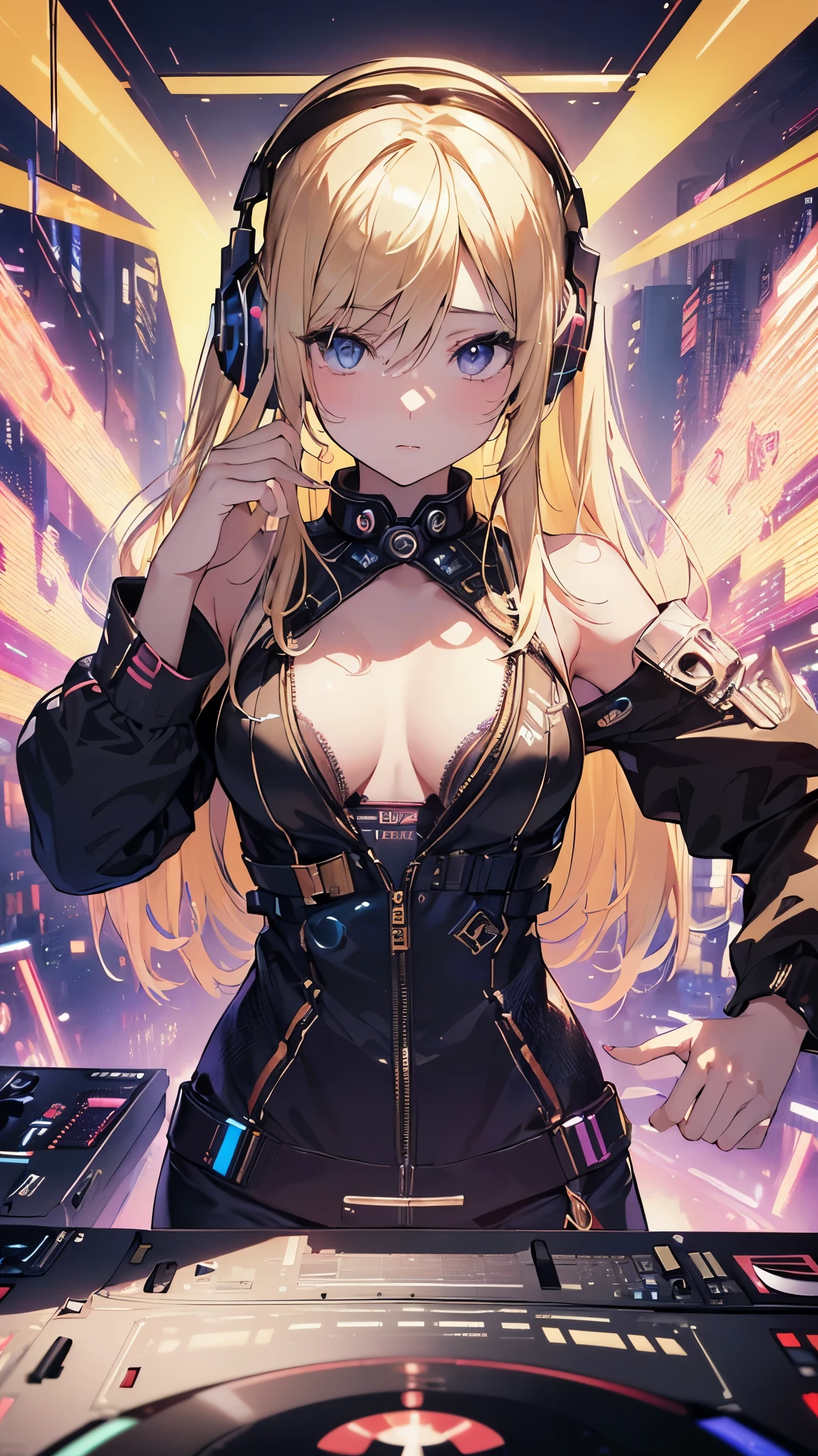 (masterpiece),((highest quality)),(official art),(beautiful and luxurious:1.2),(1 girl:1.3),Play Beauty,small breasts,((blonde beauty)),((DJ Equipment)),((headphones)),Beautiful DJ woman with cyberpunk image,((DJ Touch Mixer)),Detail view。Bright colors。Colorful、most detailed ((Super detailedな)),(Highly detailed 2D illustrations),((very delicate and beautiful))Super detailed
