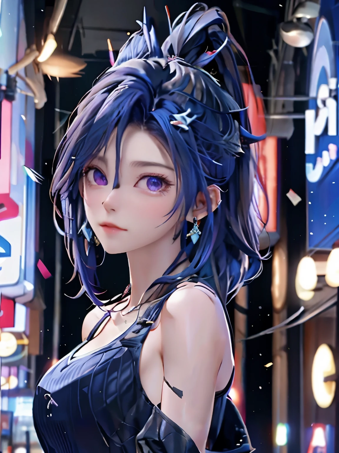 可愛い女性、優雅な髪型、indigo hair color、Slightly shorter hair、blue eyes、look at the viewer、masterpiece、Best image、
