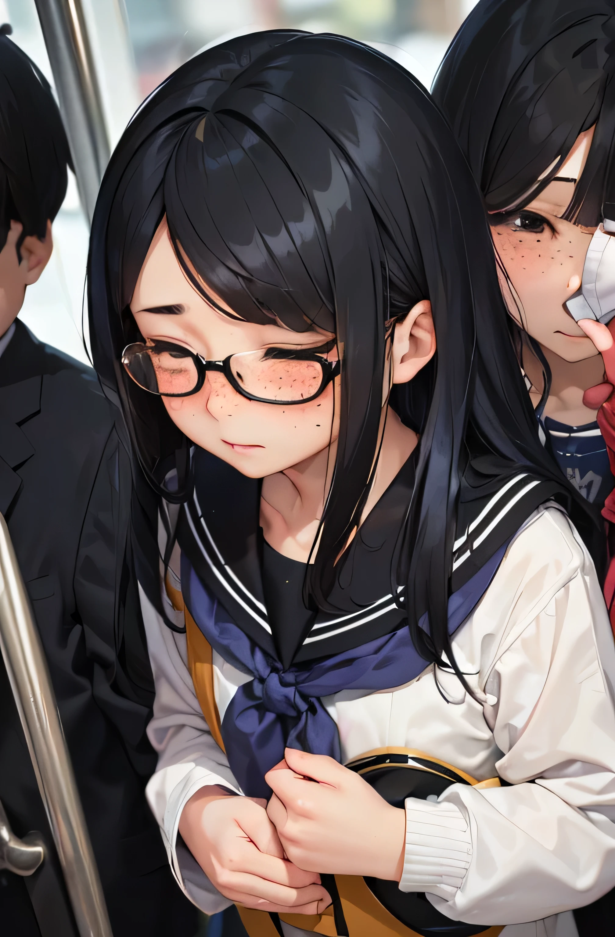 crowded train、、Middle schooade、((Summer sailor suit))、black tights、student bag、、low length、(((((long bangs hide the eyes:1.5)))))、((freckles))、((((long black hair:1.2)))) (((hair band)))(((black rim glasses:1.2 black eye)))、standing in a crowded train、that'I can do it because it's full'Doesn't move.、bevel、From above、looking here、troubled expression、look down、(((cowboy shot)))(((blush)))(((Rear view))))(((surrounded by many people)))
