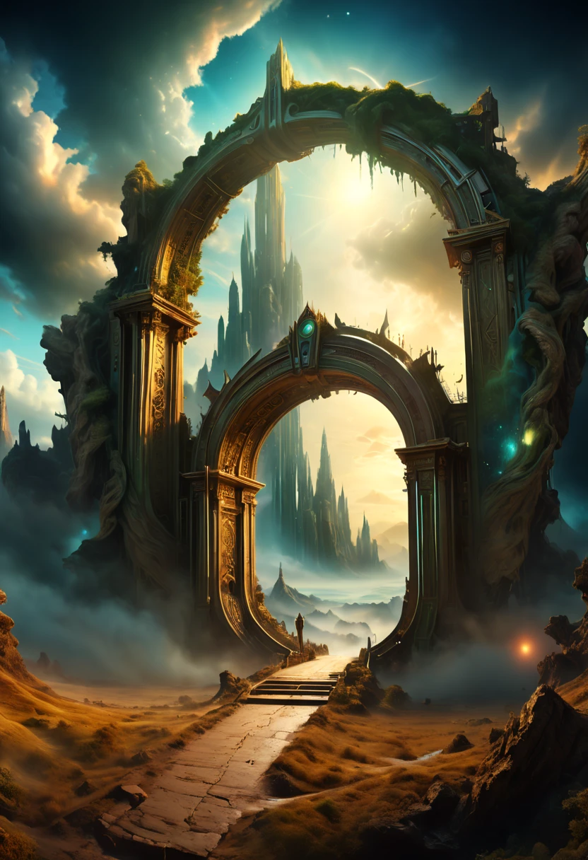 Forgotten gateway, huge magical entrance to unknown time and space, a dragon hovering on the door, chinese ink painting, matte painting, surreal epic scenes, mystery fantasy art, ethereal atmosphere, space light, panoramic view, (best quality, masterpiece, Representative work, official art, Professional, high-definition details, 8k)