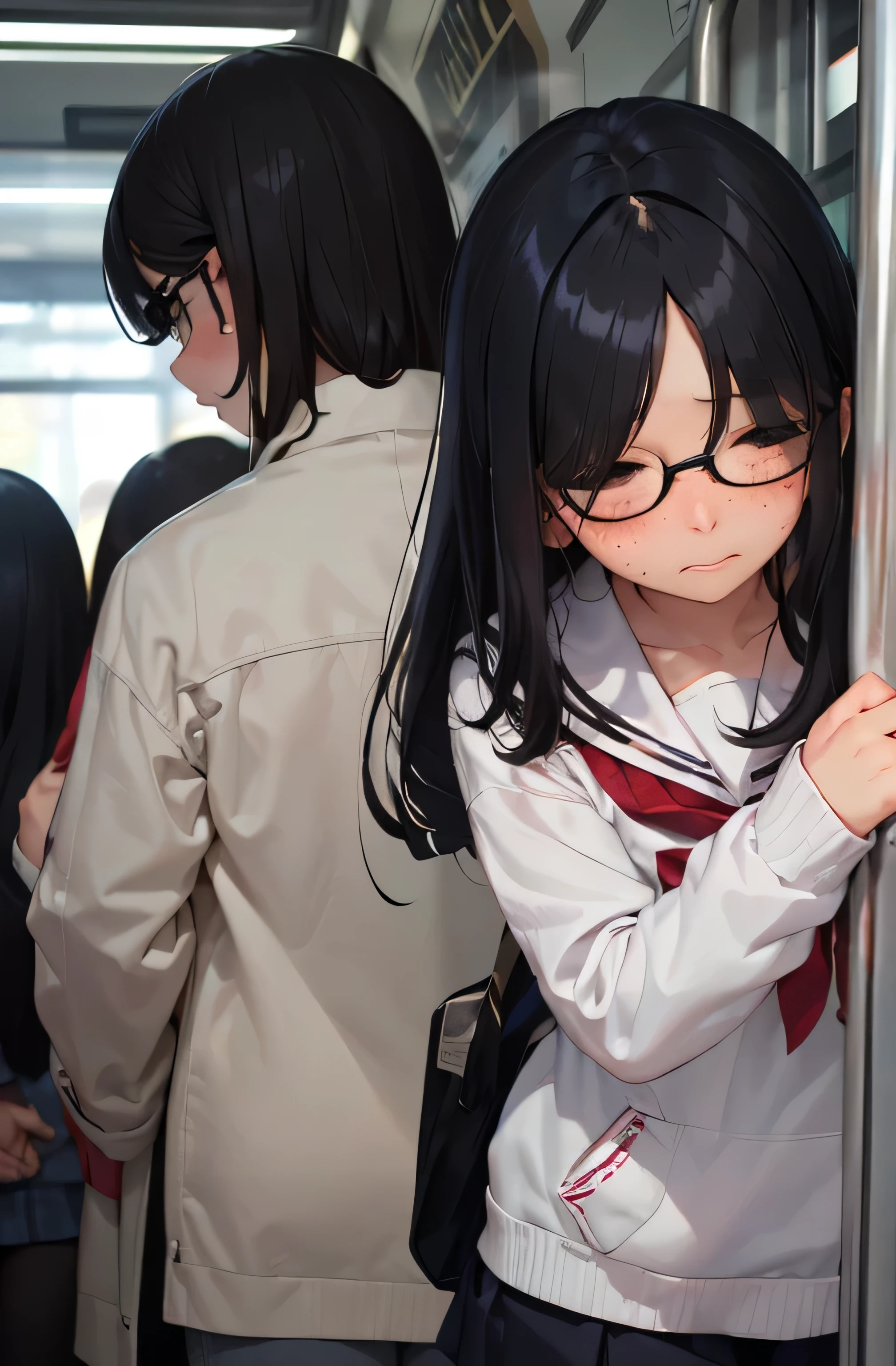 crowded train、、Middle schooade、((Summer sailor suit))、black tights、student bag、、low length、(((((long bangs hide the eyes:1.5)))))、((freckles))、((((long black hair:1.2)))) (((hair band)))(((black rim glasses:1.2 black eye)))、standing in a crowded train、that'I can do it because it's full'Doesn't move.、bevel、From above、looking here、troubled expression、look down、(((cowboy shot)))(((blush)))(((Rear view))))(((surrounded by many people)))