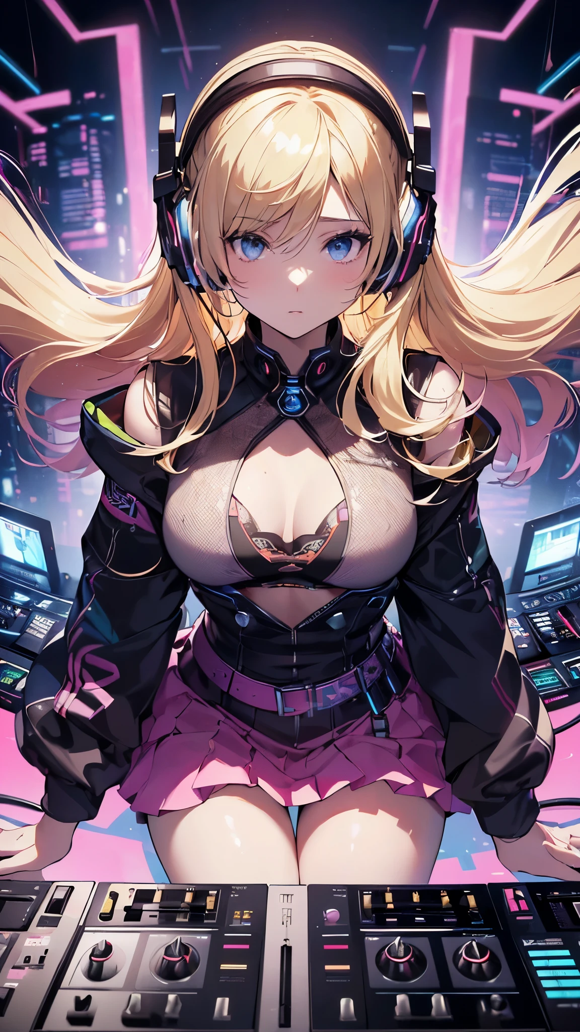 (masterpiece),((highest quality)),(official art),(beautiful and luxurious:1.2),(1 girl:1.3),Play Beauty,small breasts,((blonde beauty)),((DJ Equipment)),((headphones)),Beautiful DJ woman with cyberpunk image,((DJ Touch Mixer)),Detail view。Bright colors。Colorful、most detailed ((Super detailedな)),(Highly detailed 2D illustrations),((very delicate and beautiful))Super detailed