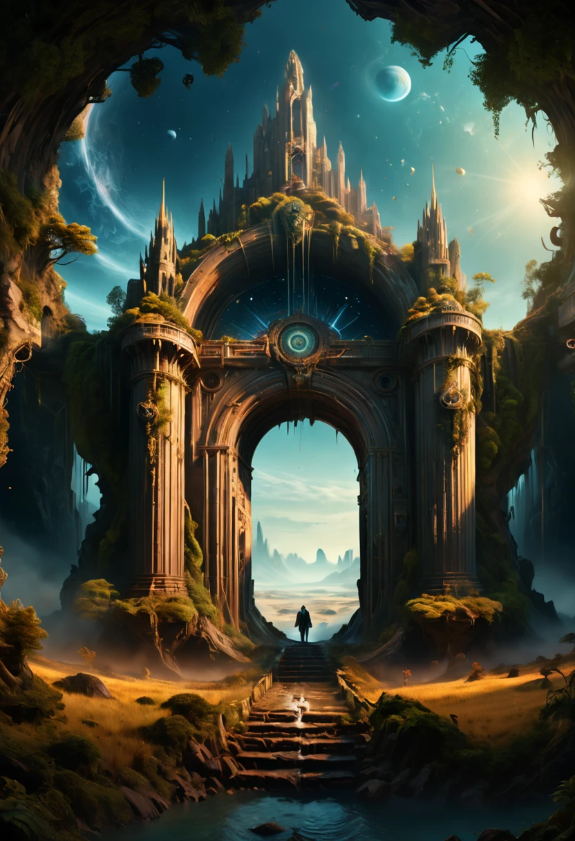 Forgotten gateway, huge magical entrance to unknown time and space, a dragon hovering on the door, chinese ink painting, matte painting, surreal epic scenes, mystery fantasy art, ethereal atmosphere, space light, panoramic view, (best quality, masterpiece, Representative work, official art, Professional, high-definition details, 8k)