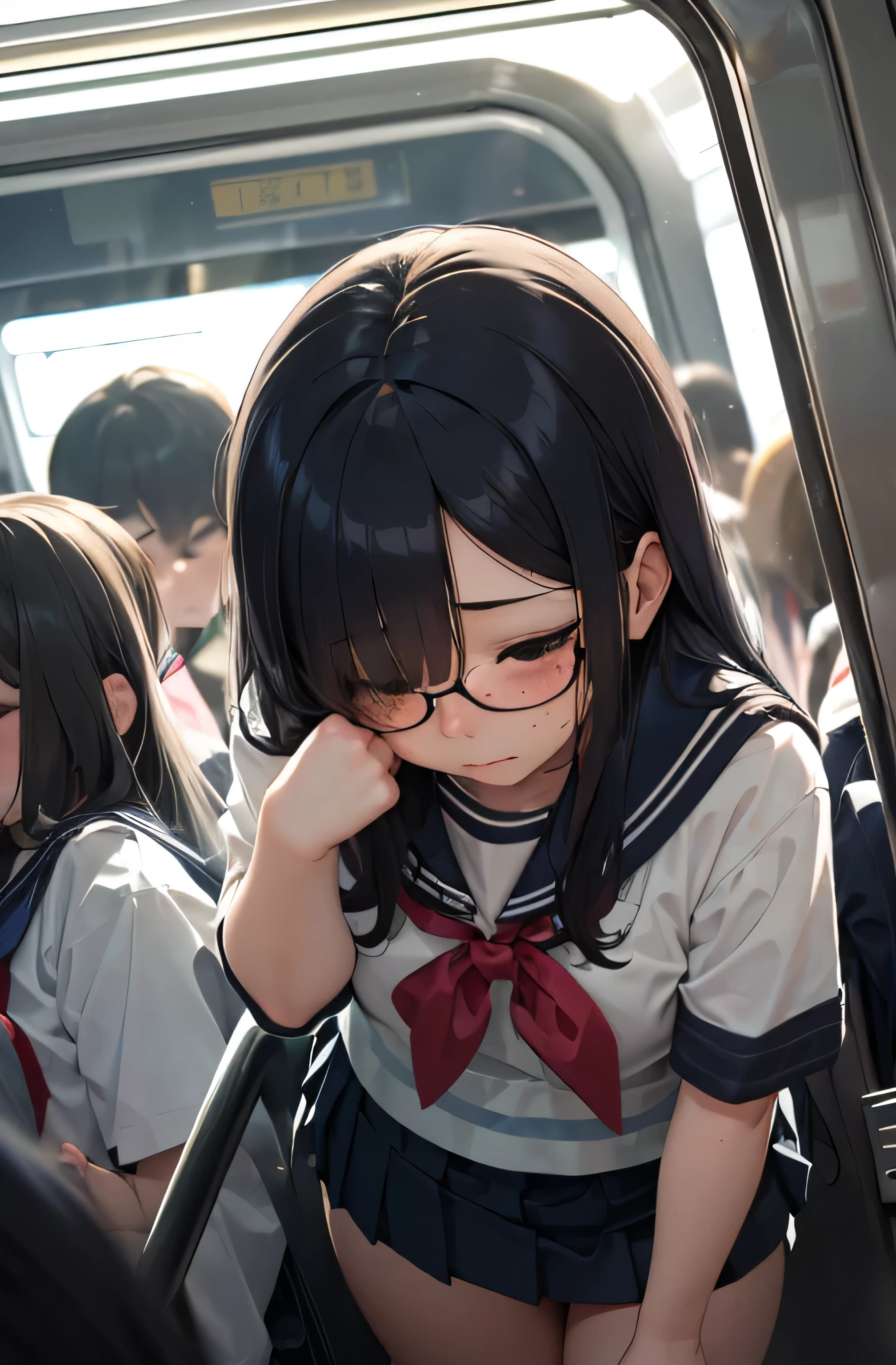 crowded train、13 years old、Middle school students２grade、((Summer sailor suit　、Dark blue long skirt:1.5))、black tights、student bag、、low length、(((((long bangs hide the eyes:1.5)))))、((freckles))、((((long black hair:1.2))))　(((hair band)))(((black rim glasses:1.2　black eye)))、standing in a crowded train、that&#39;I can do it because it&#39;s full&#39;Doesn&#39;t move.、bevel、From above、looking here、troubled expression、look down、(((cowboy shot)))(((blush)))(((Rear view))）)(((surrounded by many people)))(angle from below)（Please pay attention to your butt）