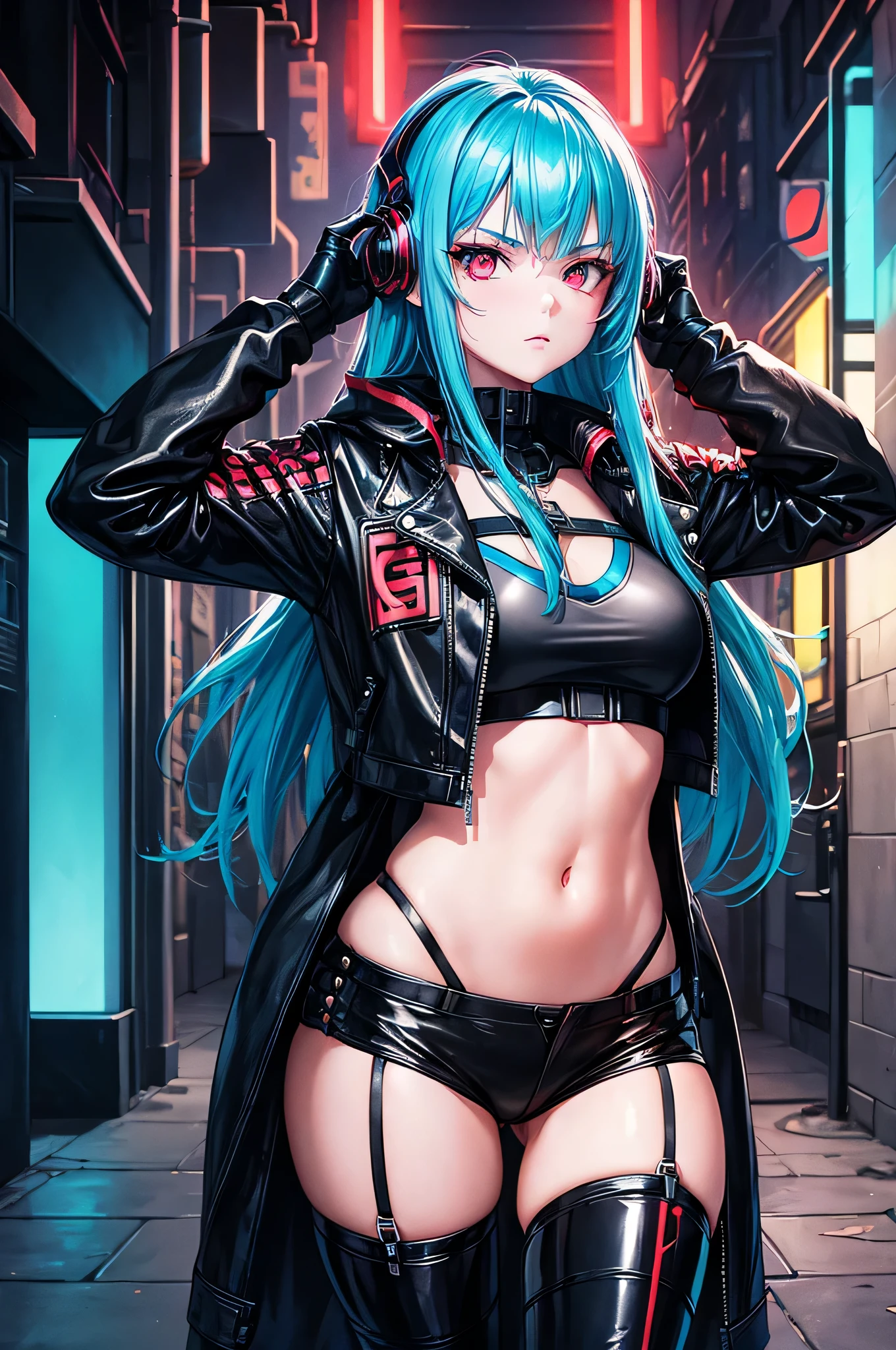 A girl with red cybernetic eyes and asymmetrically cut cyan blue hair, com implantes de luz neon e uma jaqueta de couro preta, navigating the dark alleys of a futuristic metropolis