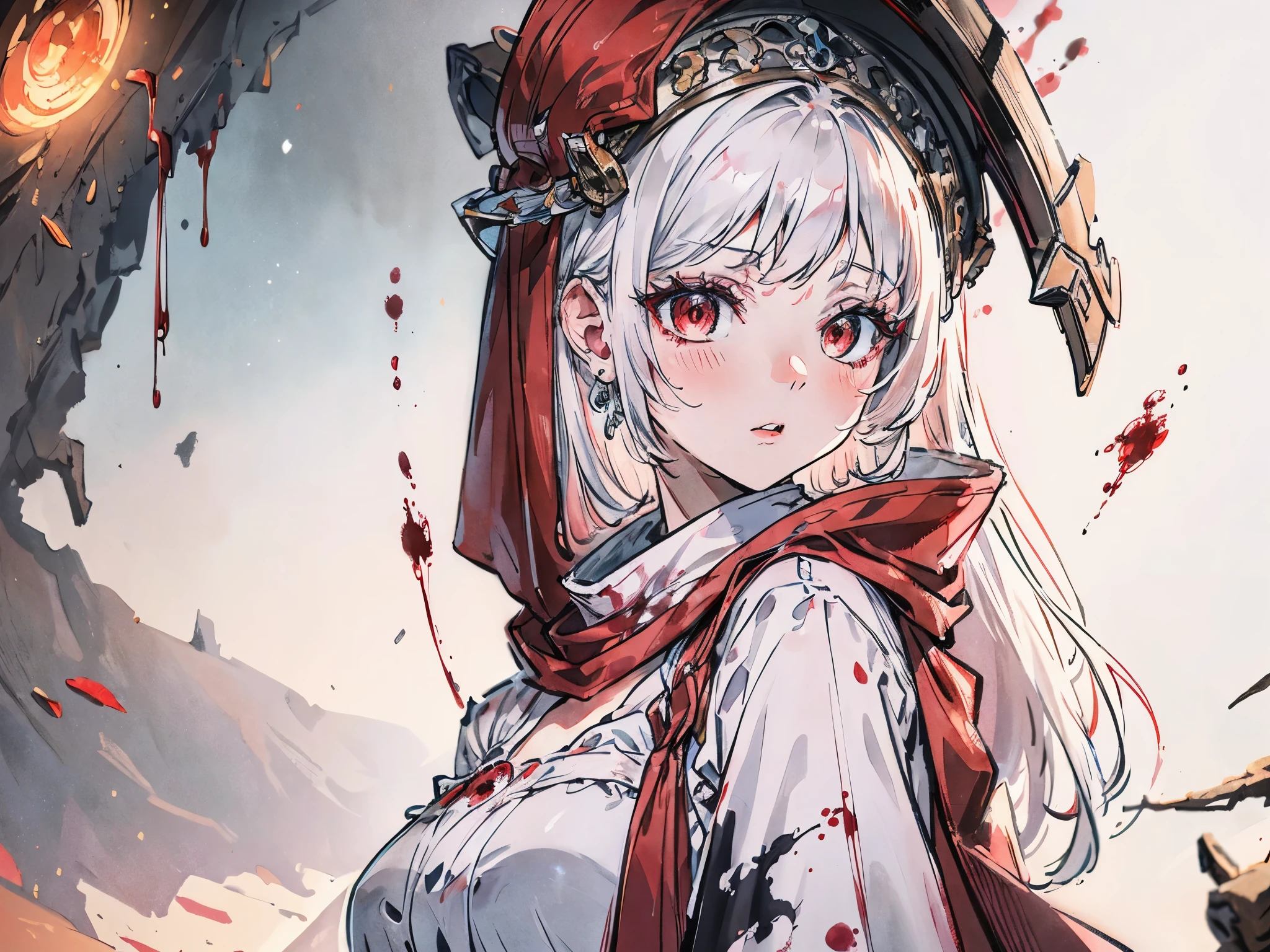 Virtuous person, goddess of light, blood mist, white hair, ruby red eyes, pinkish white skin, wearing a white dress stained with red blood, surrounded by a blood cloak, anime girl