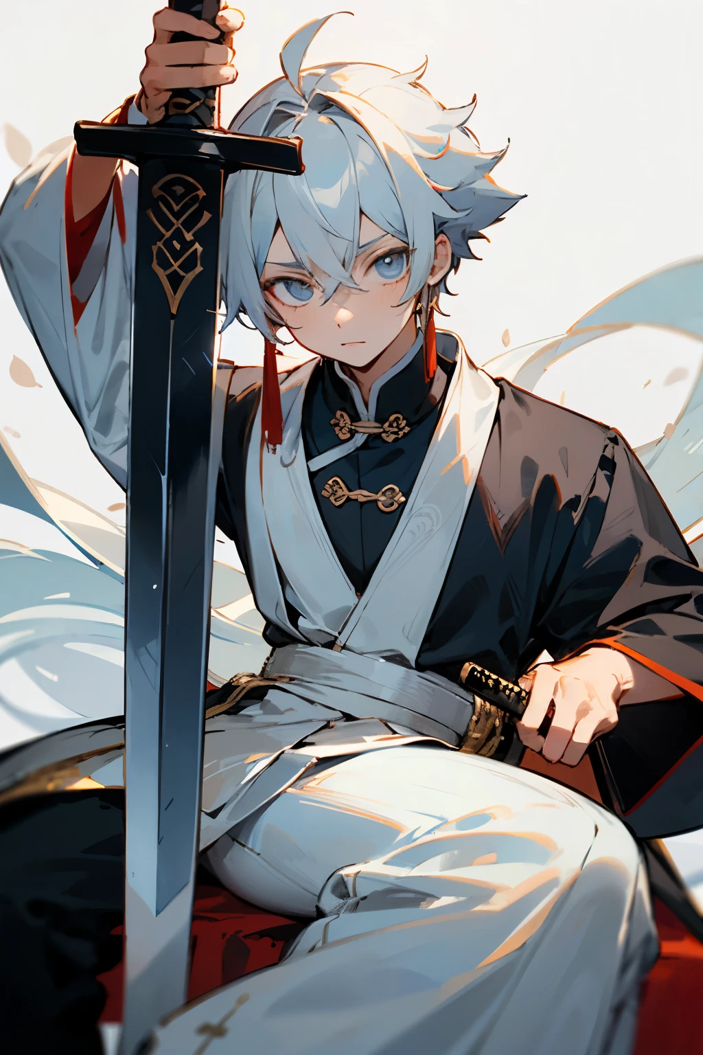 cute boy,Height one meter four,Hair is scattered,Carrying a long sword,Wearing Chinese black and white costume,Deep eyes,fair skin,One hand rests on the sword behind him