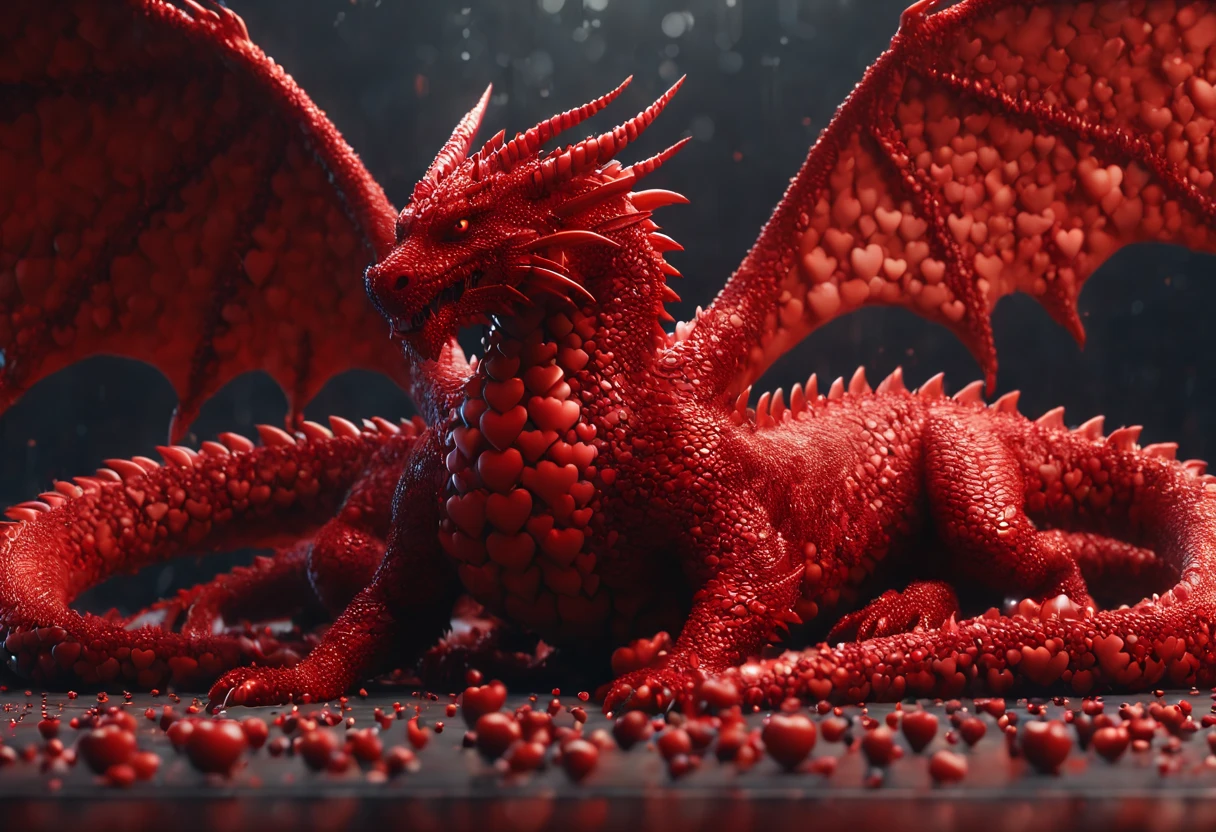ap0l0veh3art5 style, red dragon sitting facing viewer, black eyes, spread wings, sharp dramatic atmosphere, perfect composition, ultrahigh detail, UHD, 8k wallpaper, octane render, dark industrial background, bokeh lights, reflective floor 